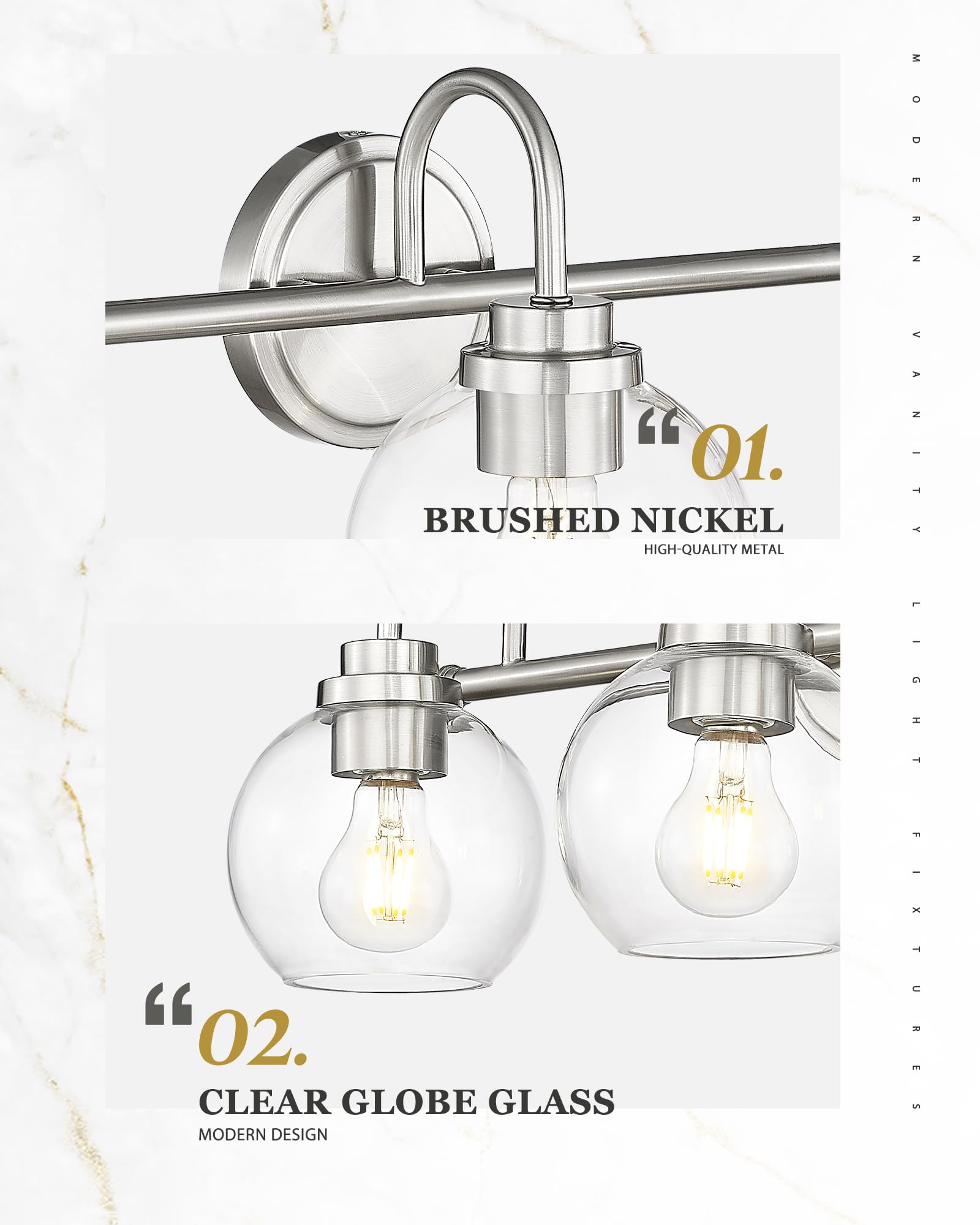 Audickic Bathroom Light Fixtures, 3-Light Brushed Nickel Vanity Lights Over Mirror With Globe Clear Glass, Modern Vanity Lighting Fixtures, Ad-22280-3W-Sn