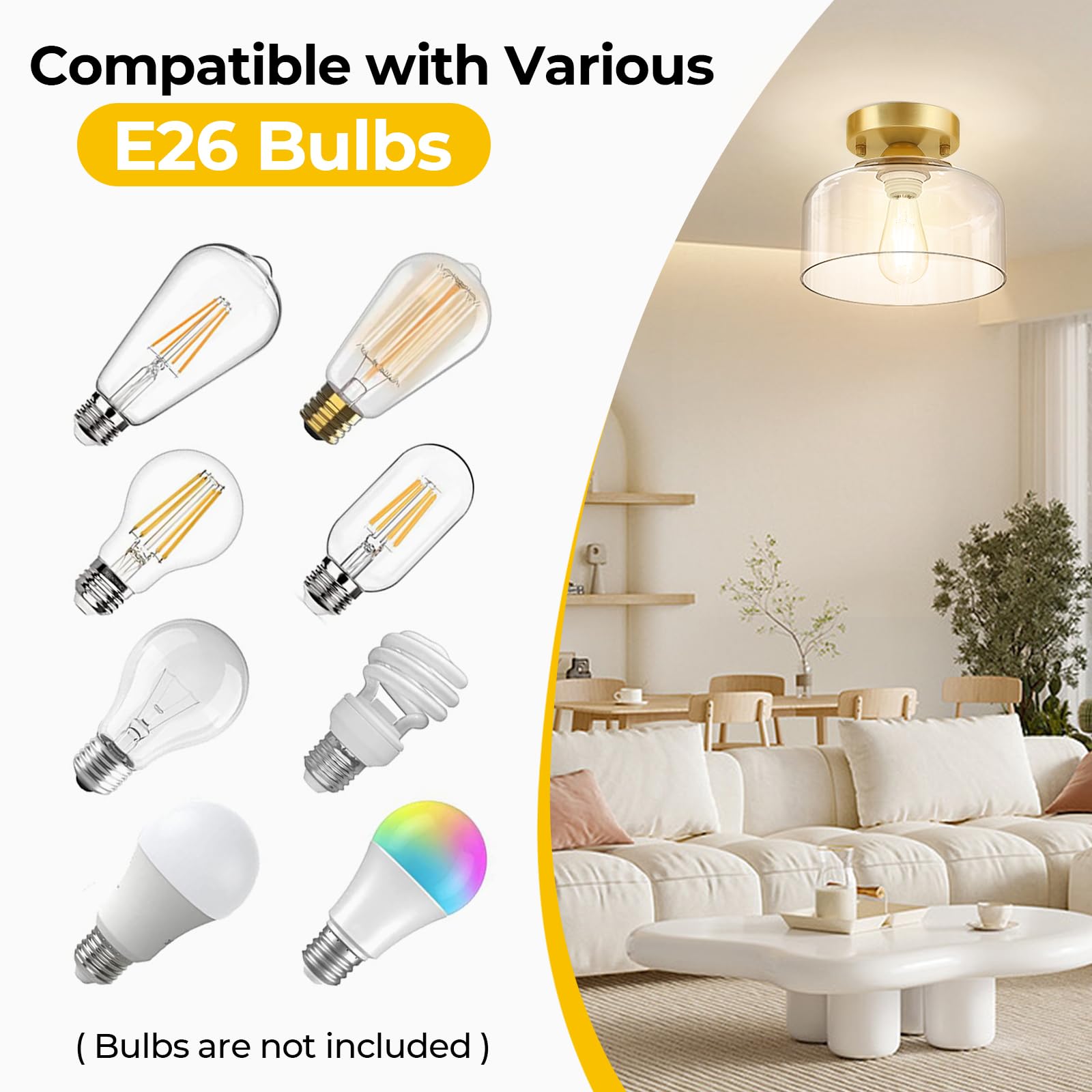 Laccen Semi Flush Mount Ceiling Light Brushed Gold - Clear Glass Pendant Lamp Shade, Modern Farmhouse Light Fixture For Hallway Corridor Kitchen Entryway Bedroom, Bulb Not Included