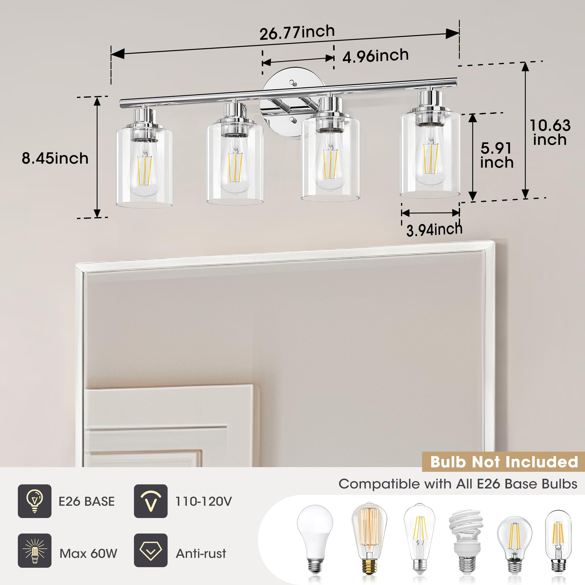 Weyderk Chrome Bathroom Vanity Light - 4 Light Bathroom Light Fixture With Clear Glass Shades, Ul Certification & E26 Base, Chrome Bathroom Vanity Lights Over Mirror For Bathroom