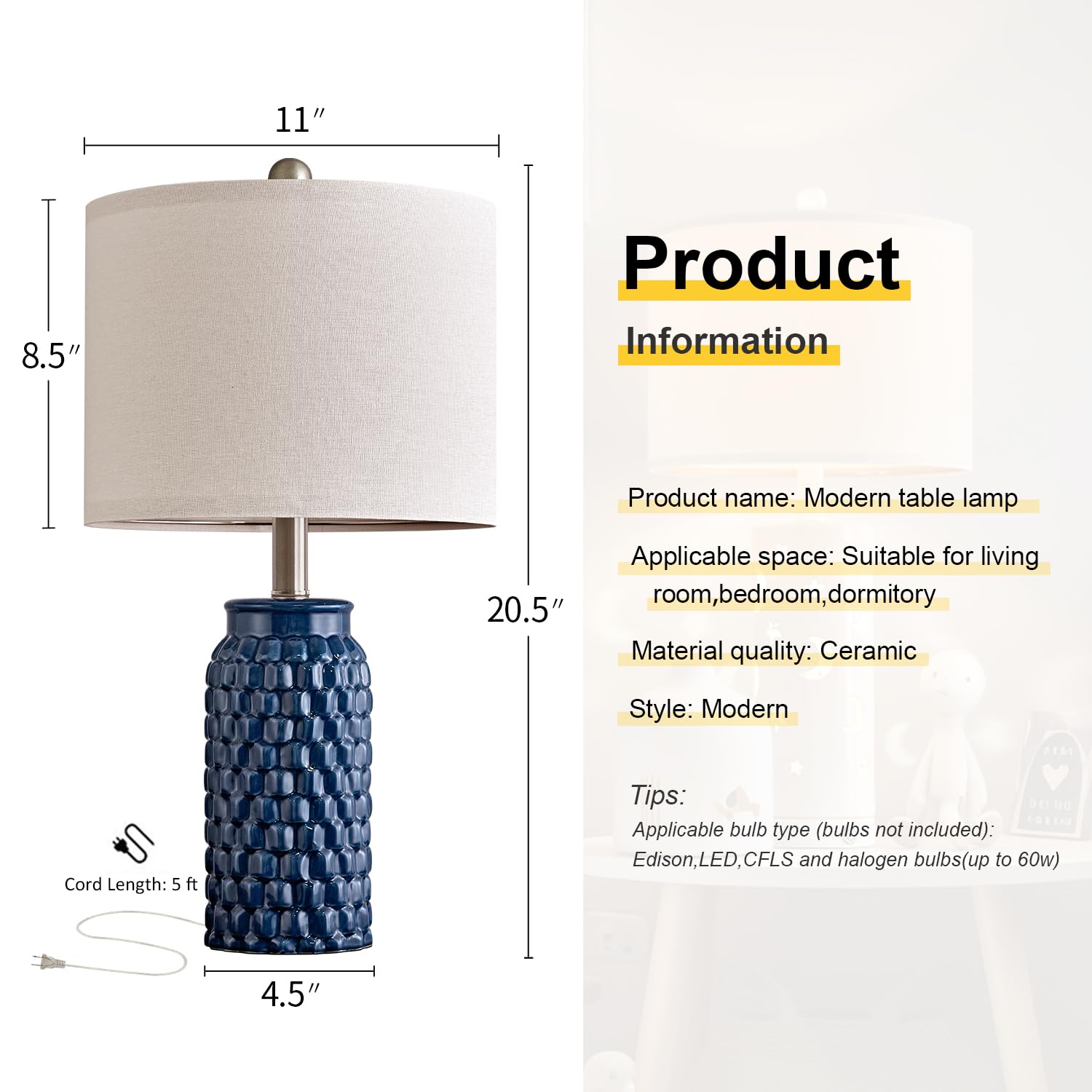 USumkky Ceramic Bedside Lamp Set of 2, 20.5" Dark Blue, Modern Farmhouse Decor, Model 1092
