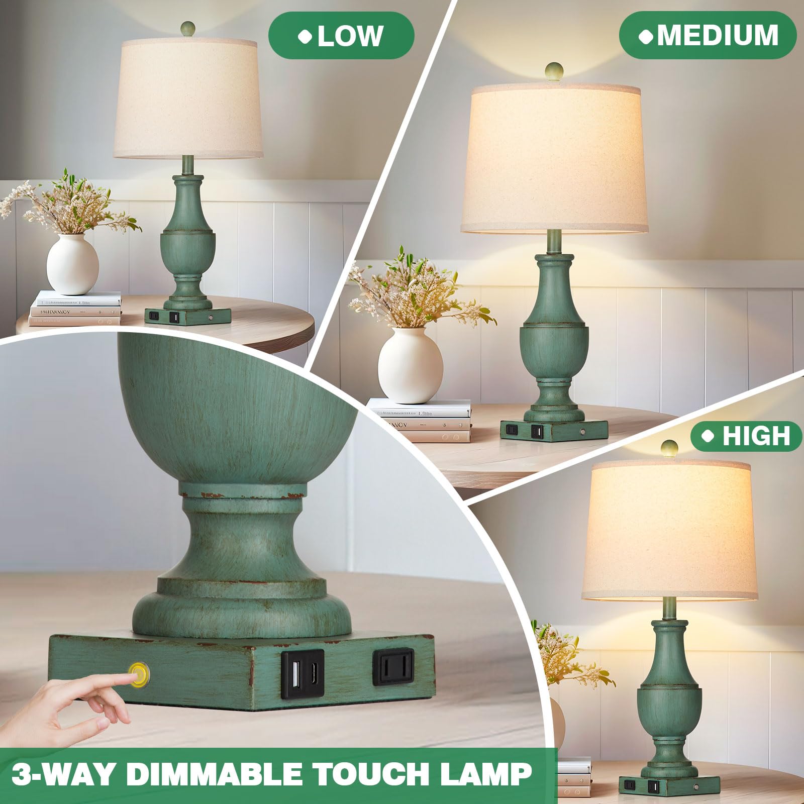 Farmhouse Table Lamps For Living Room, Rustic Touch Control Bedside Lamps With Usb A+C Charging Ports & Ac Outlet, Vintage 3-Way