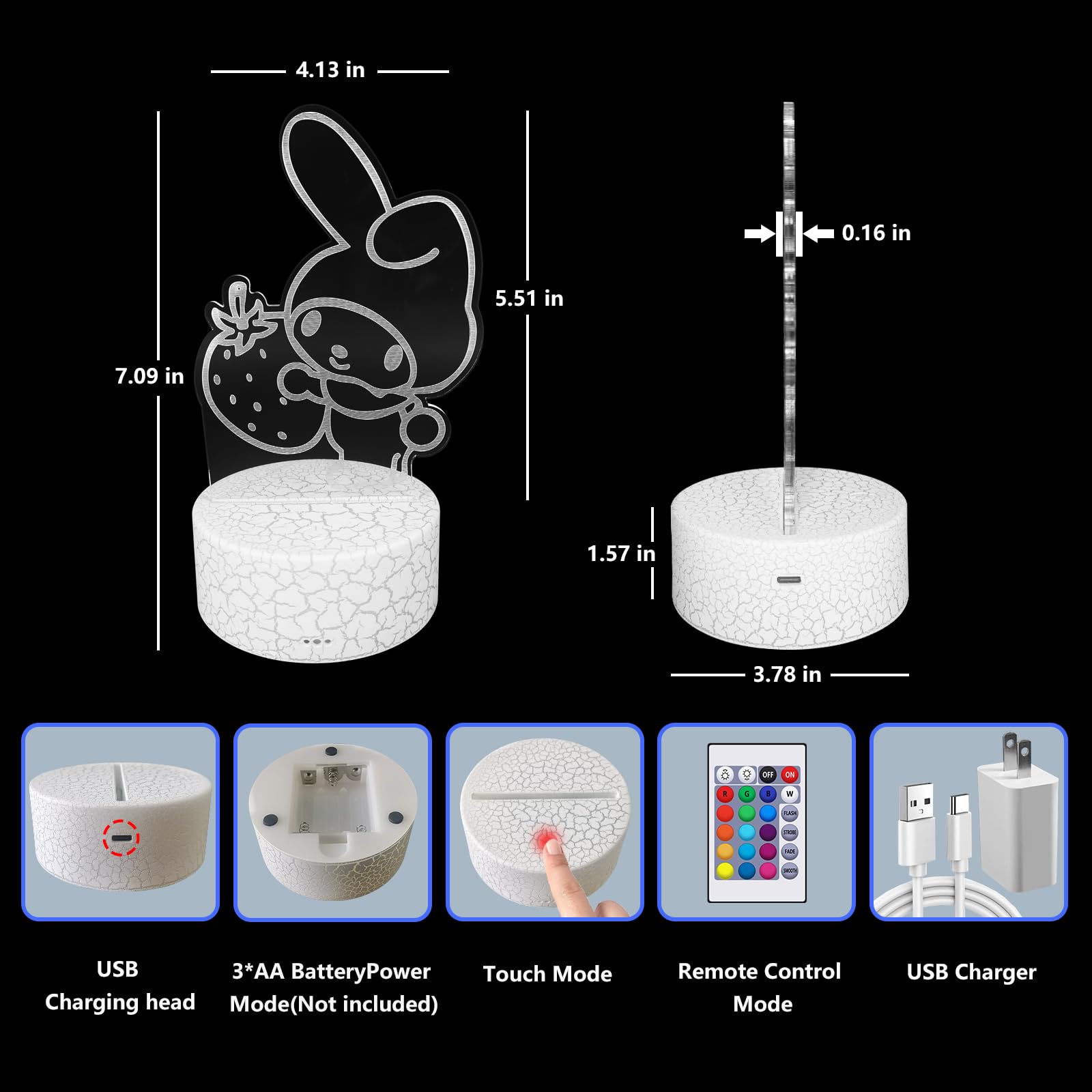 Cobiku 3D Illusion Night Light For Kids - Cute Lamp Led Night Light Anime Charater 16 Colours Change With Remote Control Kitty Lamp Room Decor Birthdays Holidays Christmas Gifts For Kids And Girls