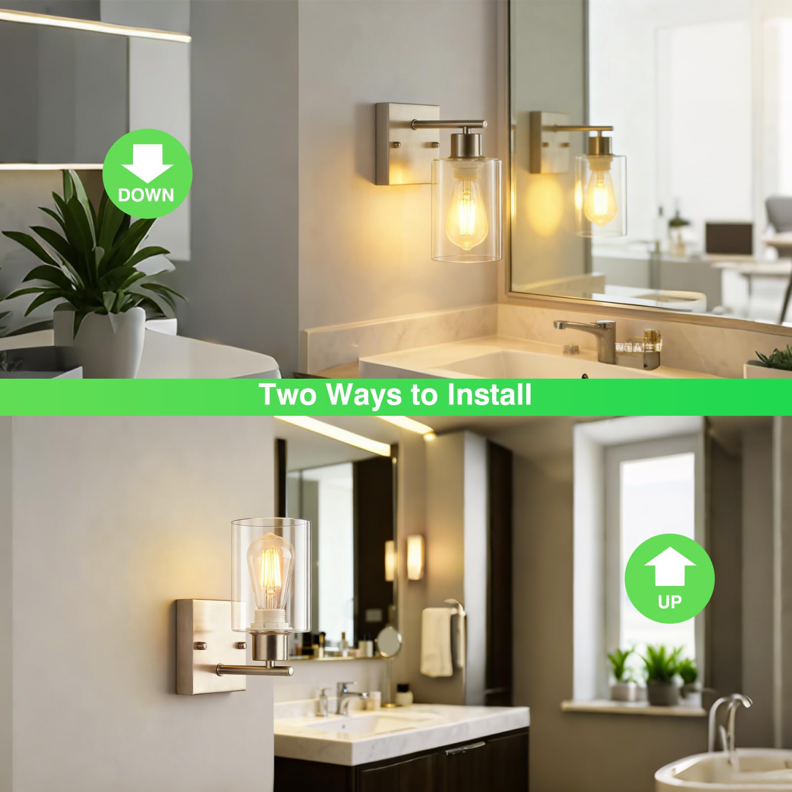 2-Pack Bathroom Wall Sconces  Brushed Nickel Vanity Lights  Modern Wall Light Fixture With Clear Glass Shade  Farmhouse Wall-Mount Lighting Lanterns  Wall Lamps For Mirror Living Room Bedroom Kitchen