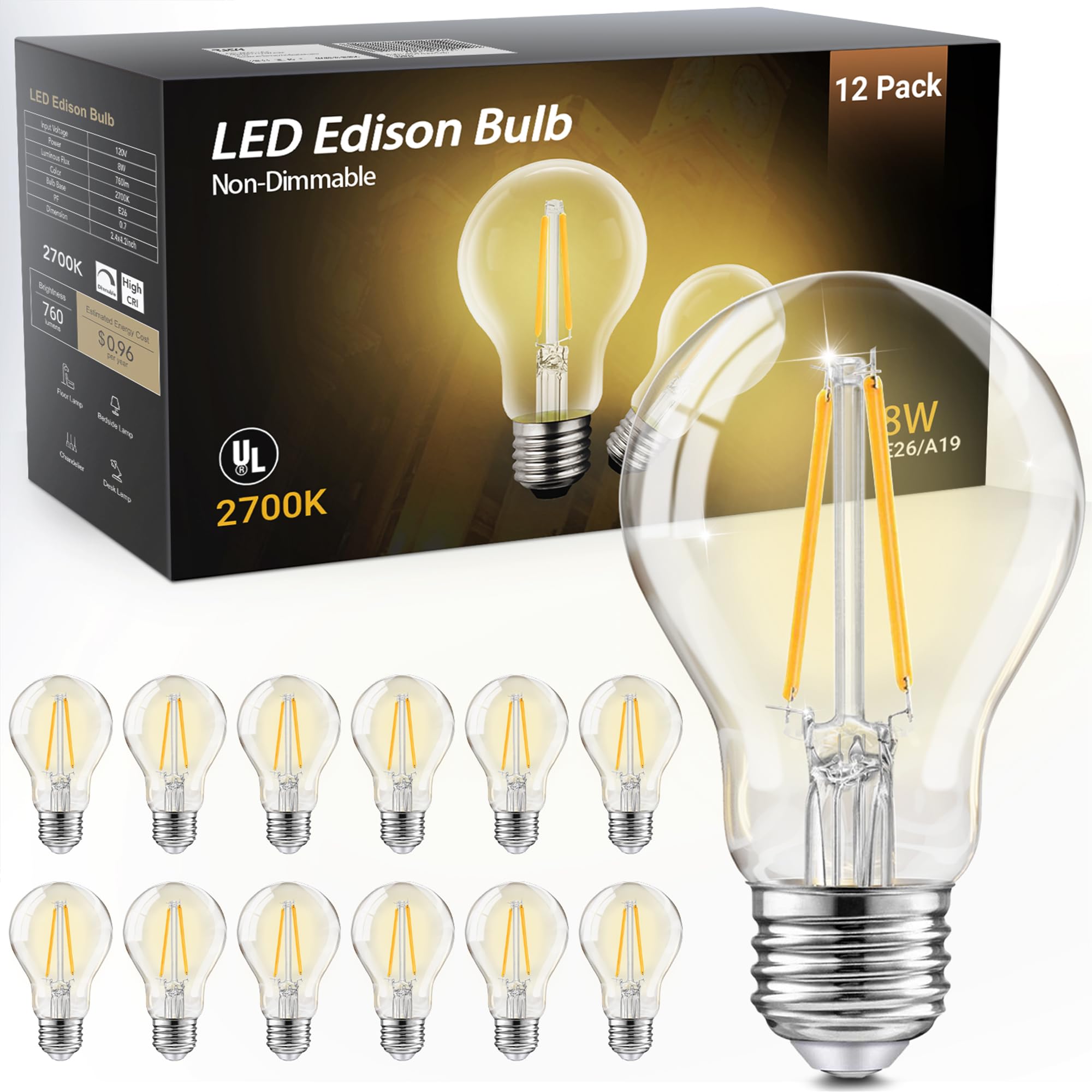 Tjoy 12 Pack A19 Vintage Led Edison Bulbs, Non-Dimmable, 60W Equivalent, High Brightness 2700K Warm White, 8W E26 Standard Base,