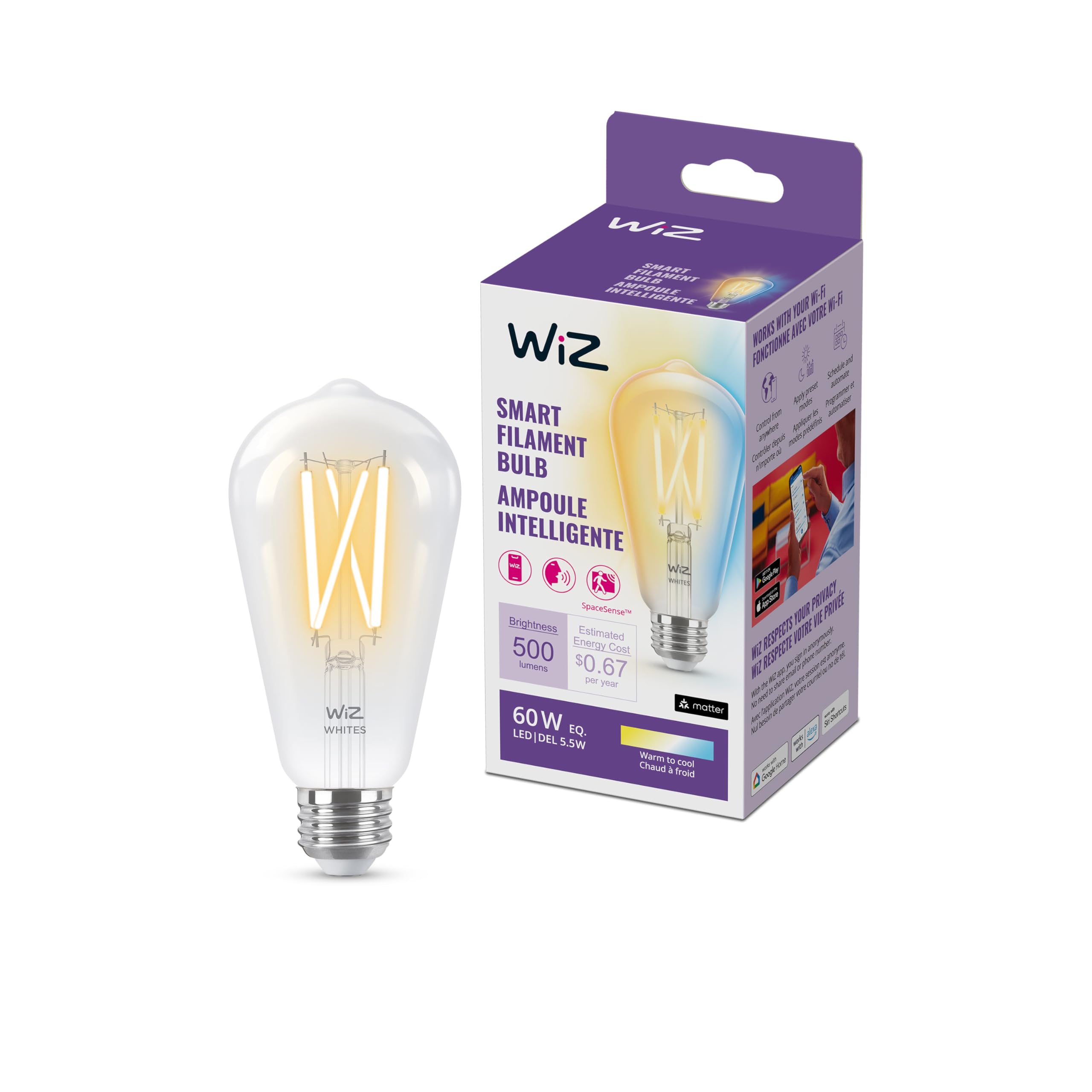 Wiz Connected 60W St19 Tunable White Filament Led Smart Light Bulbs - Connects To Your Wi-Fi - E26 Smart Bulb - Control With Voi
