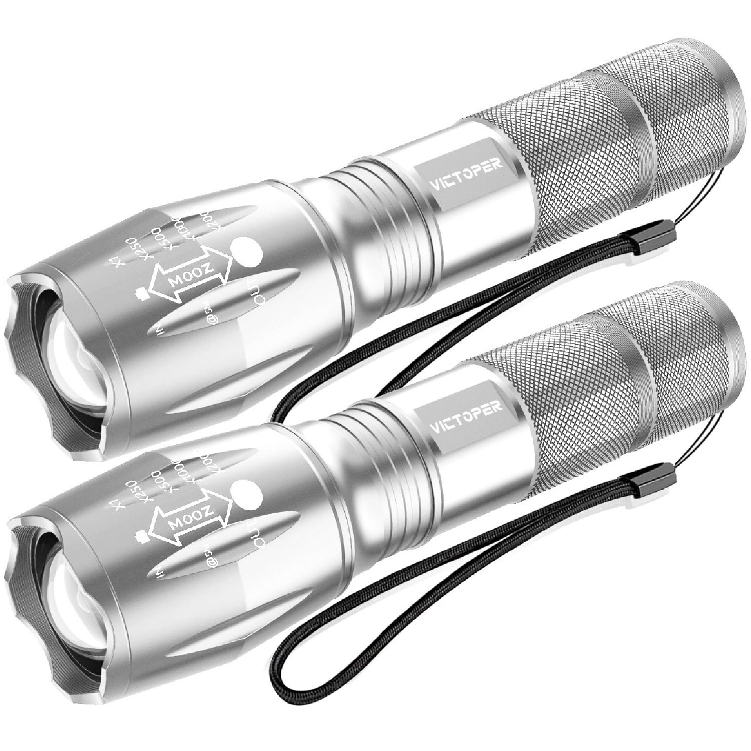Victoper LED Flashlight 2 Pack, Bright High Lumens, Waterproof, Zoomable, Silver