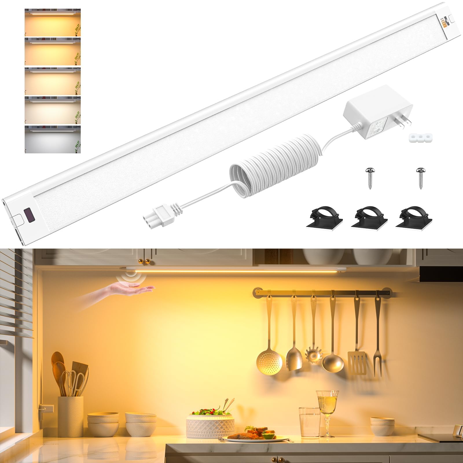 WOBANE Under Cabinet Lighting, 24 inch LED Light Bar, Touchless Dimmable, Color Tunable 2700K-6500K, White, Model CS4