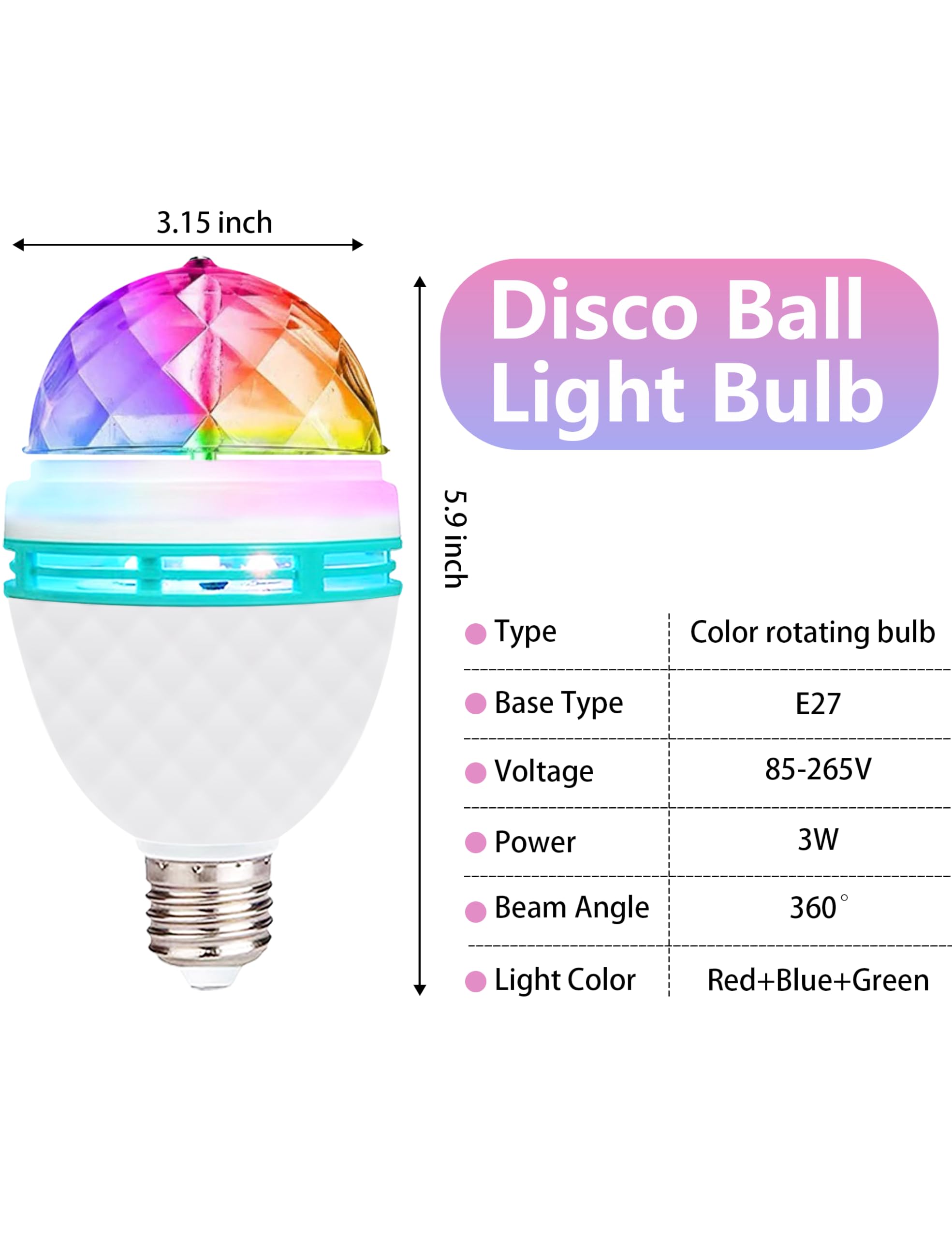 Iagbibui Disco Ball Light Bulb, 3W E27 Rgb Color Rotating Bulb Led Party Bulbs, Magic Ball Light For For Disco, Holiday, Birthda