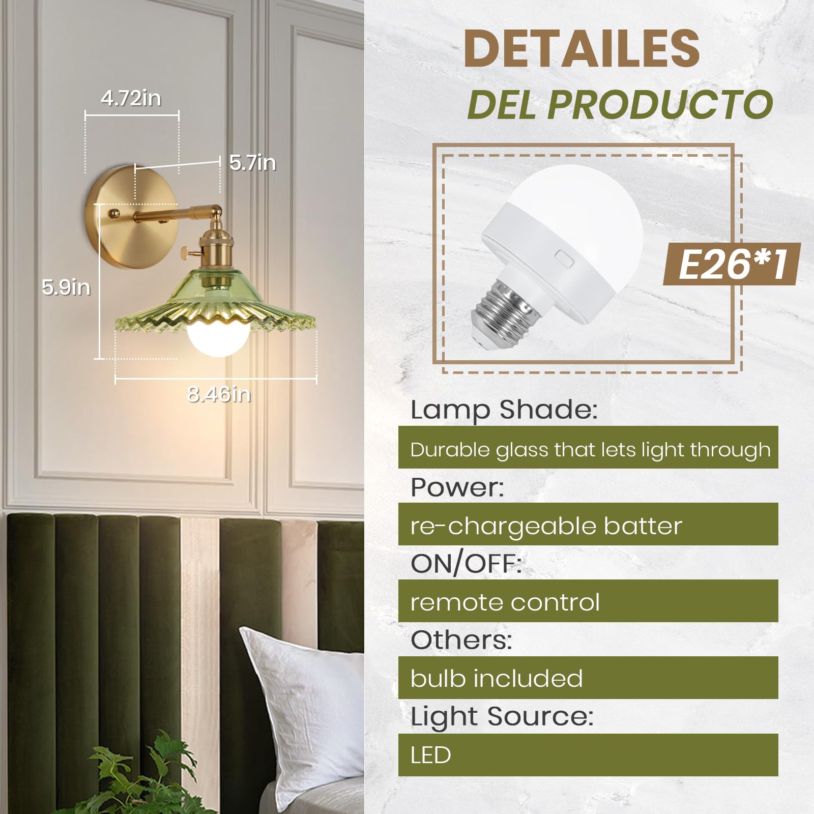 EIDEARAY Vintage Battery Operated Wall Sconce, Glass with Green Flower Pattern, Remote Control, Ideal for Bedroom, Living Room, and Hallway