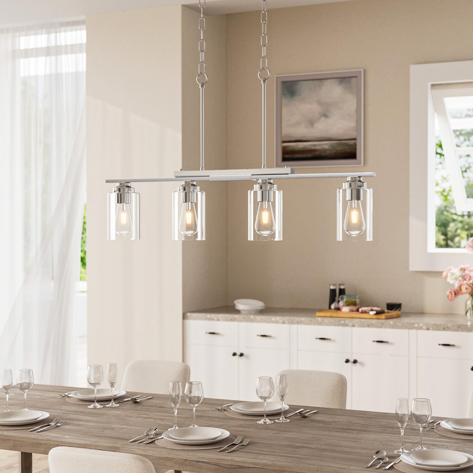 Vonluce Kitchen Island Lighting  4-Light Dining Room Light Fixture Over Table With Glass Shade And Adjustable Rods  Farmhouse Linear Chandelier For Kitchen Island  Brushed Nickel  Etl Certificated