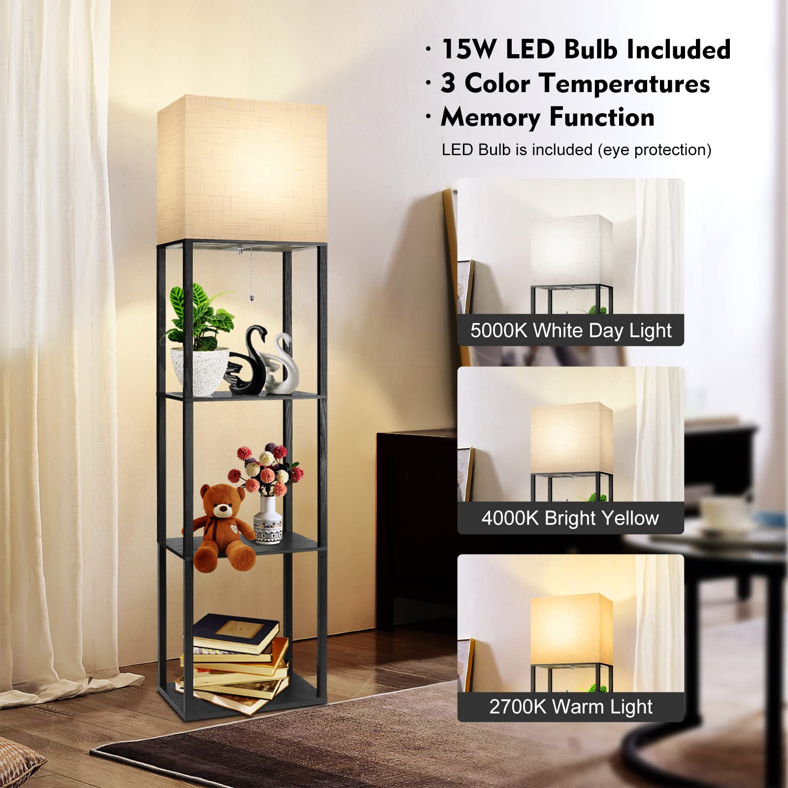 Runtop Plus Black Floor Lamp With Shelves, 15W Led, 3 Colors, Memory Function For Living Room