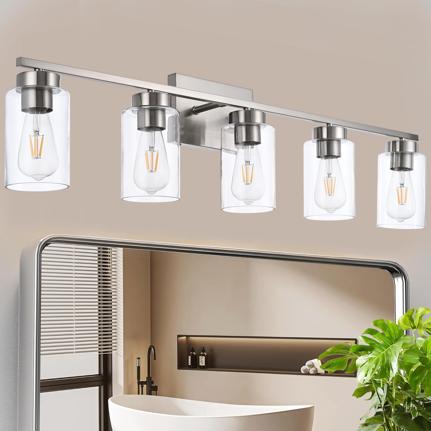 A1A9 5 Light Bathroom Vanity Light Fixture, Brush Nickel, Metal, Clear Glass Shade, Model NF-22406