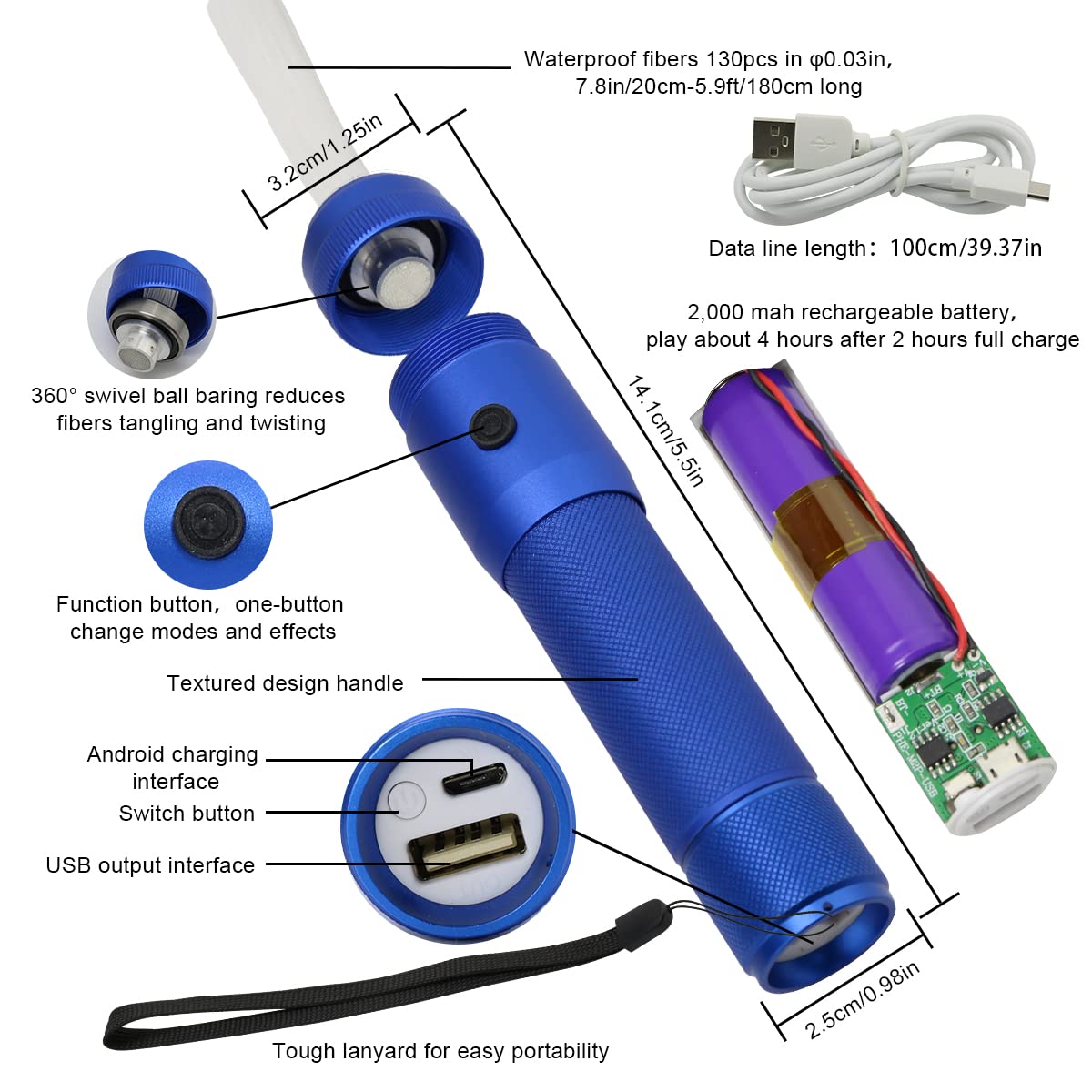 AKEPO Fiber Optic Whip Rave Toy 5.9ft Rechargeable 10 Colors 36 Modes Red FW-B