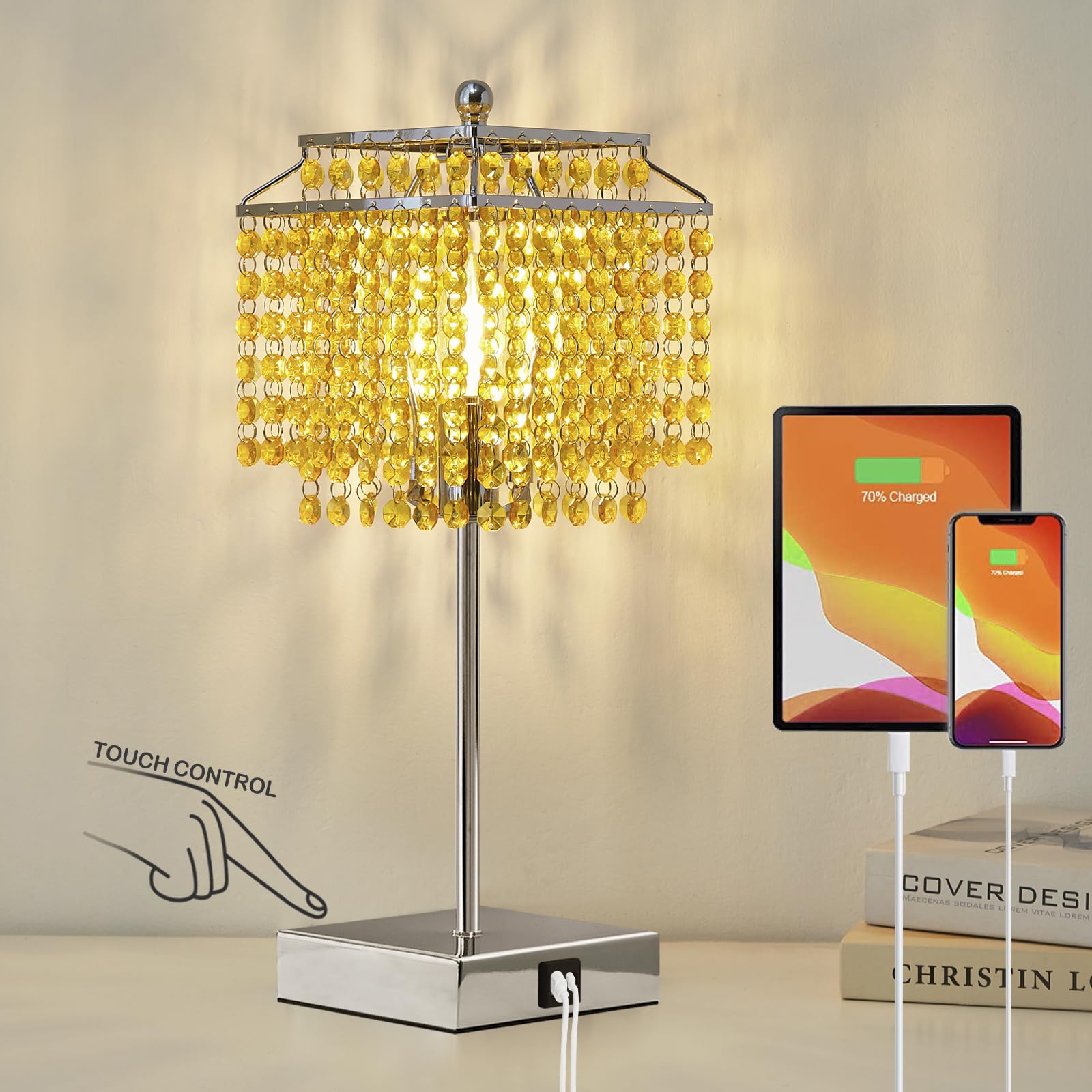 Crystal Table Lamp with Touch Control, Bedside Lamp with USB C+A Ports, 3-Way Dimmable with Crystal Shade for Girls Bedroom, Liv