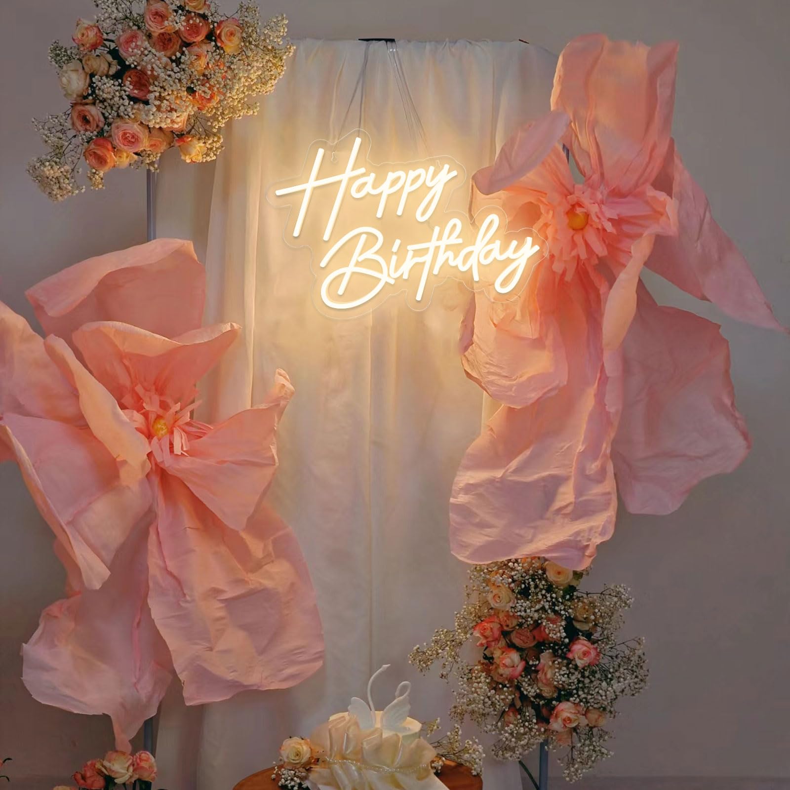 BerniceKelly Happy Birthday Neon Sign, Warm White LED Light, 17x12 Inch, Model AW-12, Wall Decor for Birthday Parties