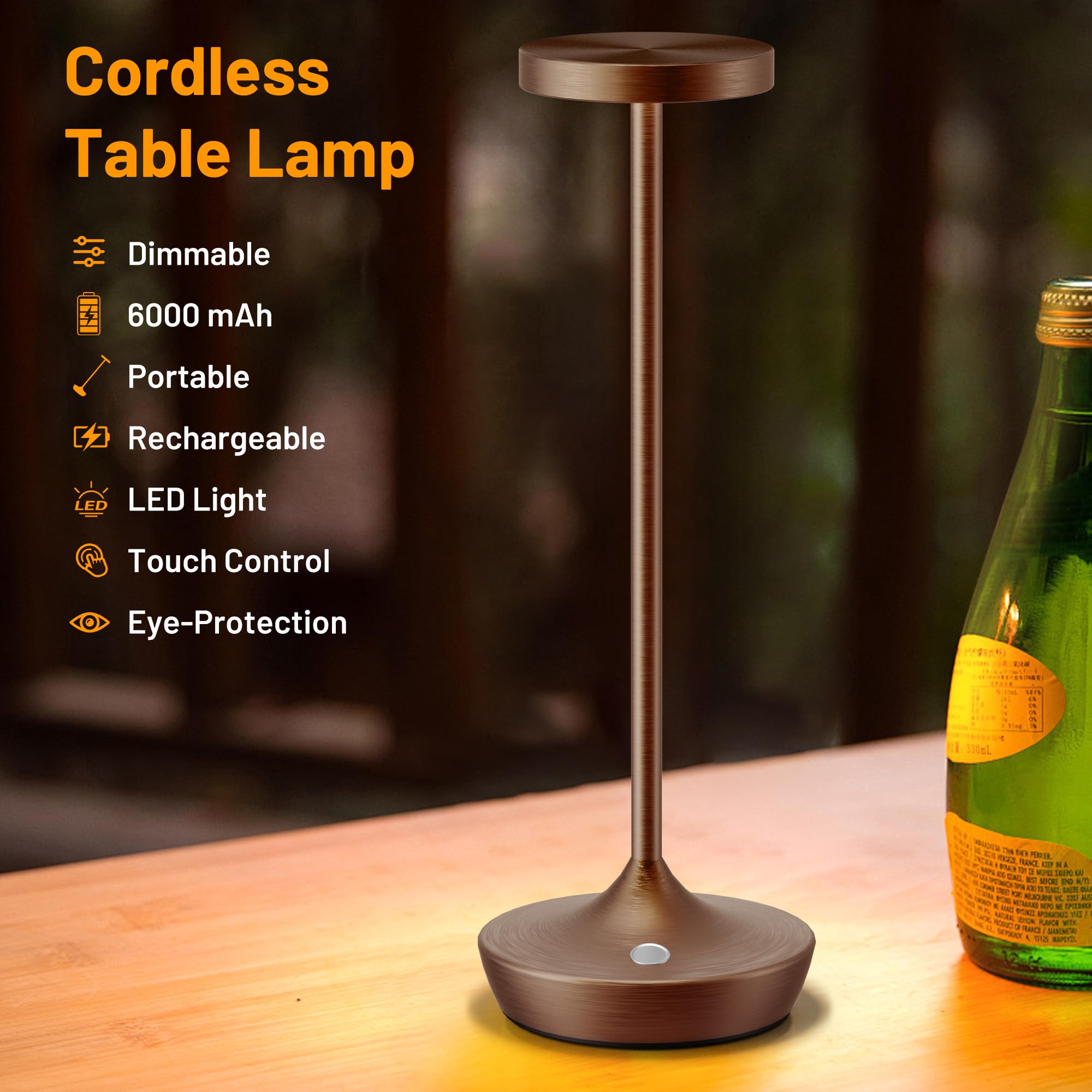 YHT Cordless LED Desk Lamp, 6000mAh Battery, Waterproof, Dimmable, Portable, Brown 2P, Model X86