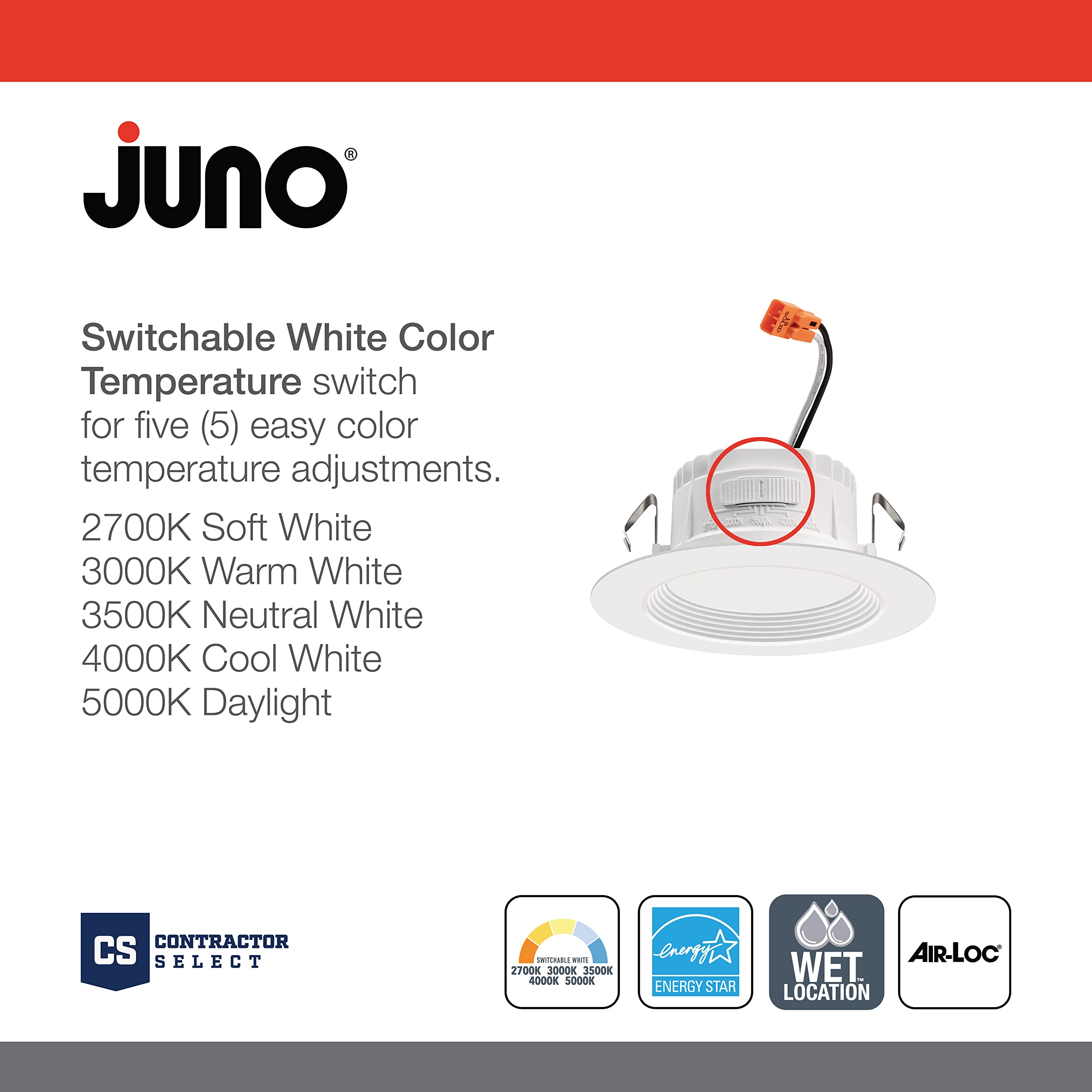 Juno Rb4 Sww5 Mw M6 Retrobasics Downlight Trim Kit, Switchable Led White, Baffle Trim, Switchable Cct, 2700K, 3000K, 4000K, And