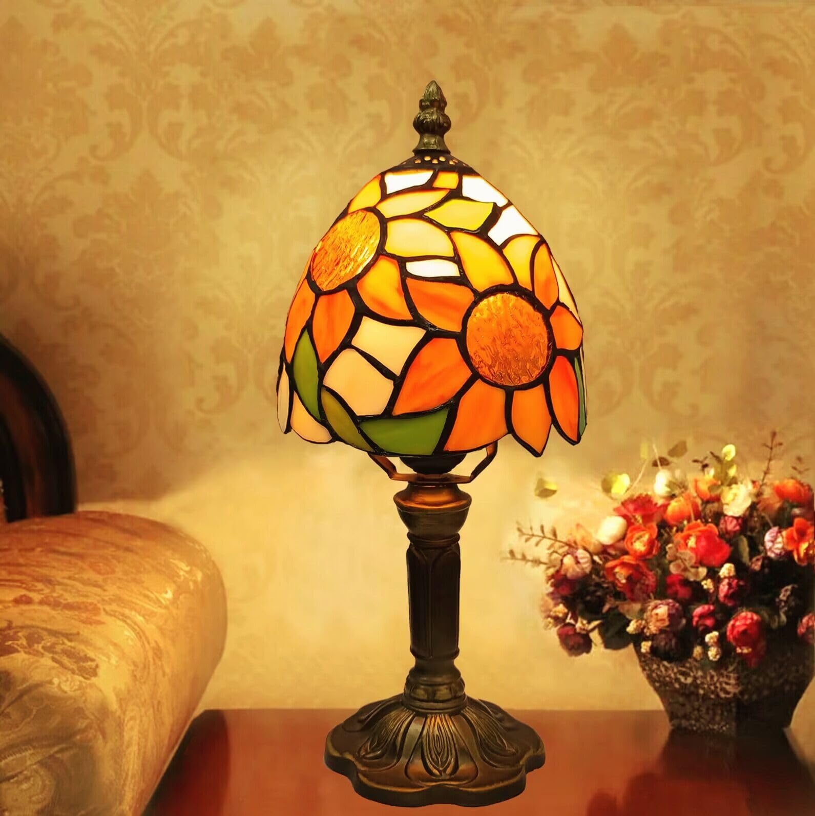 BMXKPO Tiffany Style Table Lamp, 6 Inch Stained Glass Bedside Lamp, 2700K Dimmable LED Bulb Included, Antique Design