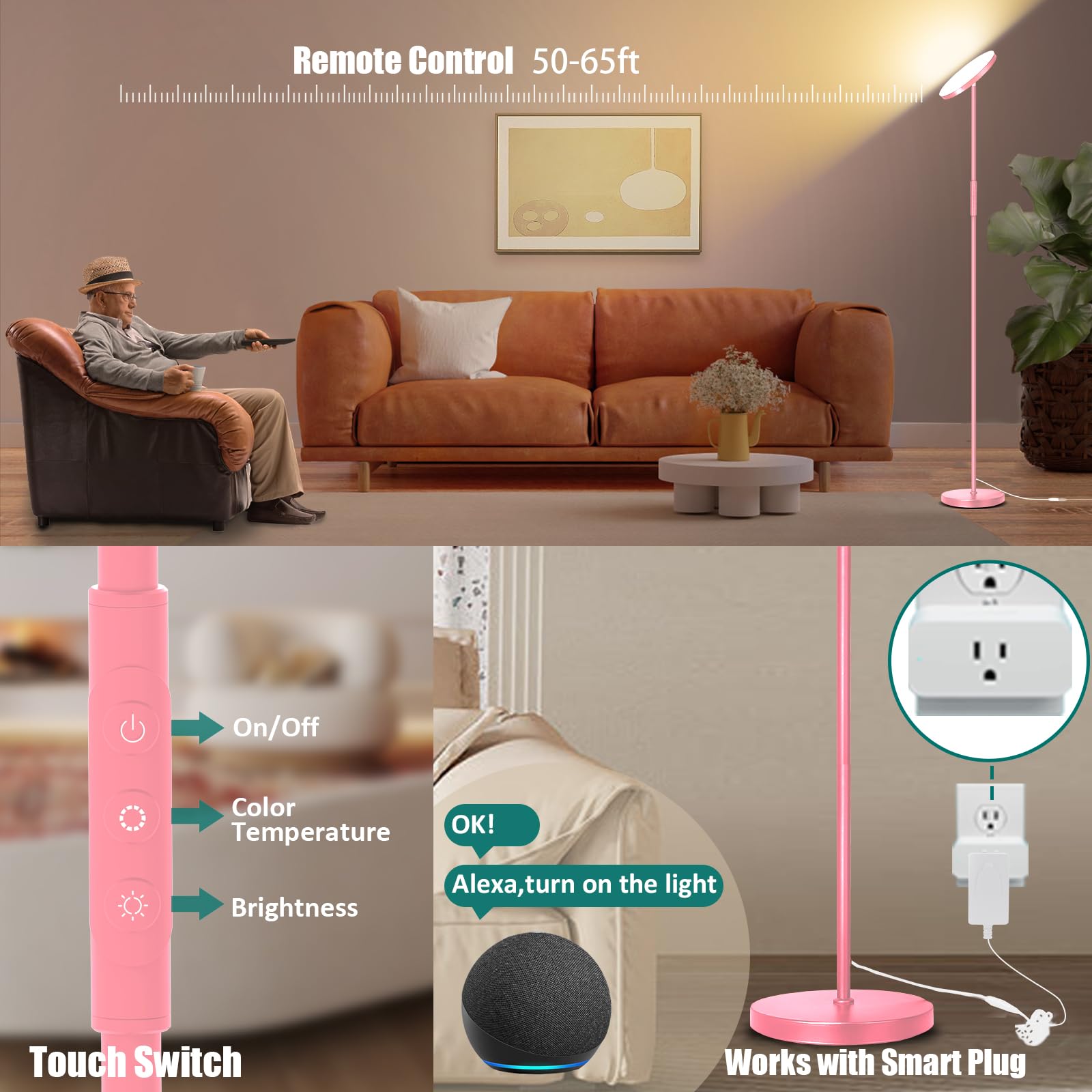 Mukuxin Pink Floor Lamp, 40W Super Bright Floor Lamps For Living Room Bedroom With Remote & Timer, Torchiere Led Floor Lamp 2700