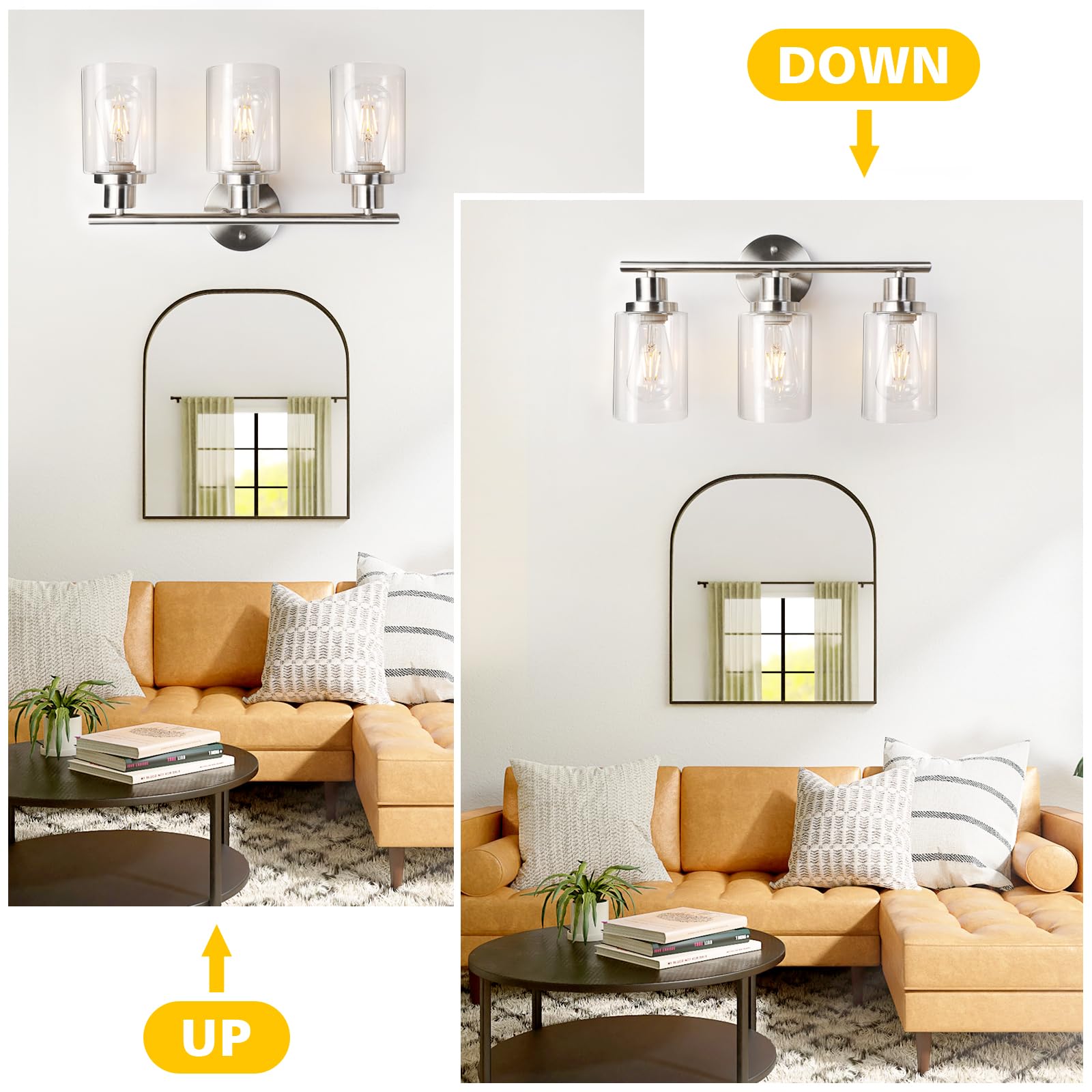 Unicozin 3-Light Vanity Light Fixture, Matt Nickel Wall Sconce with Clear Glass, E26 Base, Ideal for Bathroom, Living Room, Bedroom