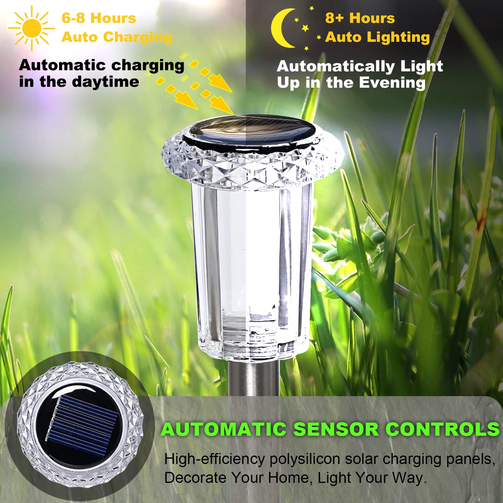 LIANGLOME Solar Lights Outdoor Pathway - 8 Pack Solar Lights Outdoor Waterproof Stainless Steel Solar Garden Lights for Landscap