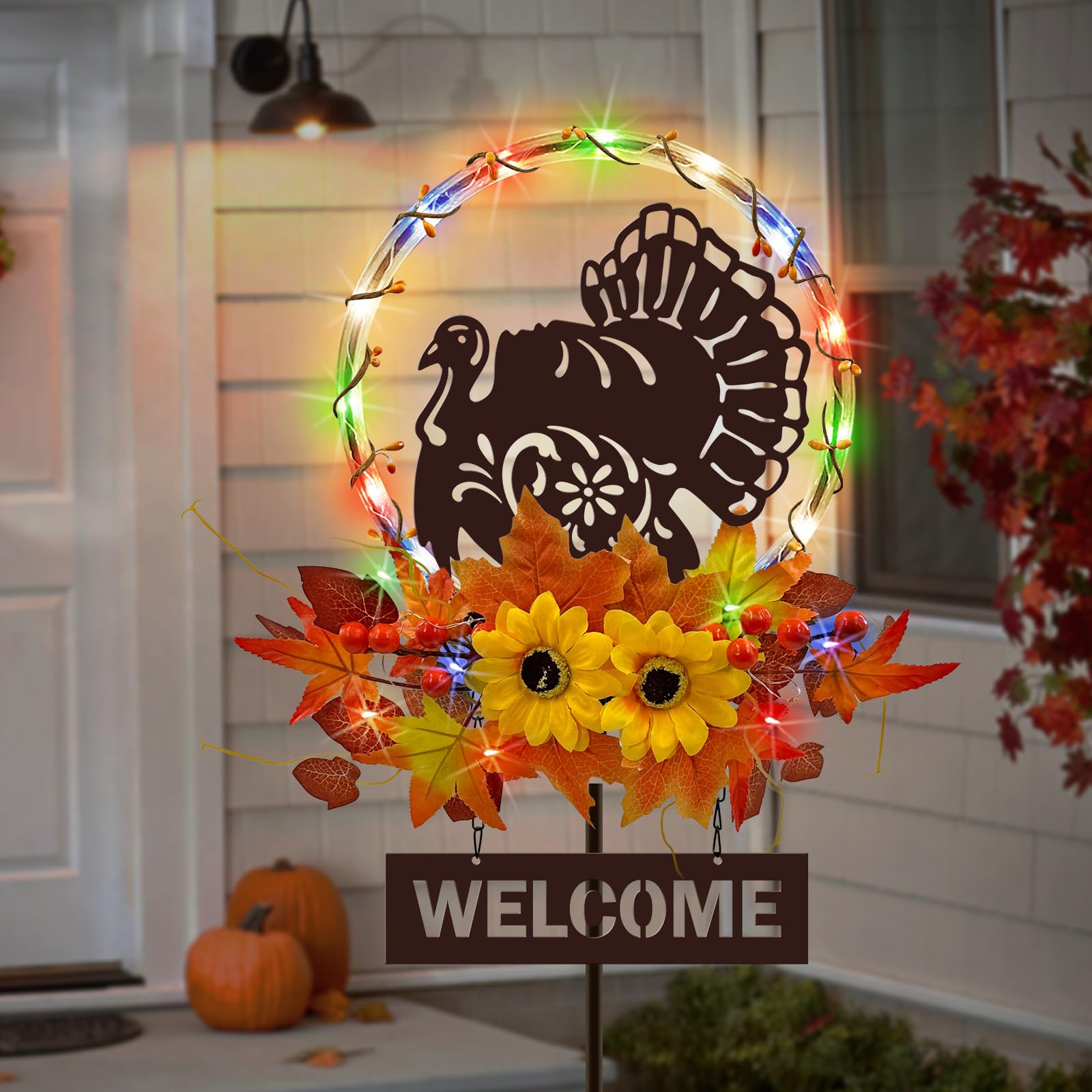 Lighted Thanksgiving Turkey with Welcome Sign,Outdoor Fall Decorations,Solar Lights Outdoor Pathway Lights for Yard Decor Garden