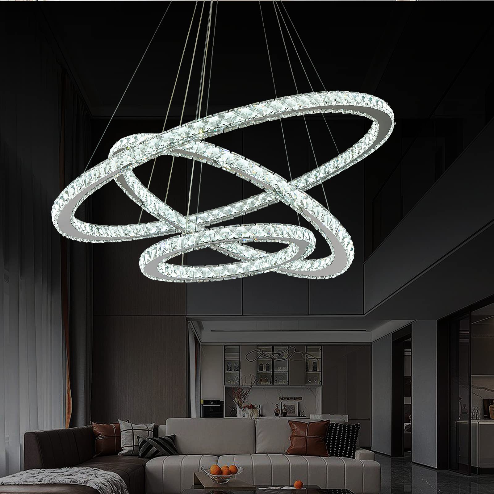 Siljoy LED Chandelier - Modern 3-Ring Ceiling Light Fixture, Adjustable, 3-Color Changing, Clear, D 12in-20in-28in, Model Siljoy102
