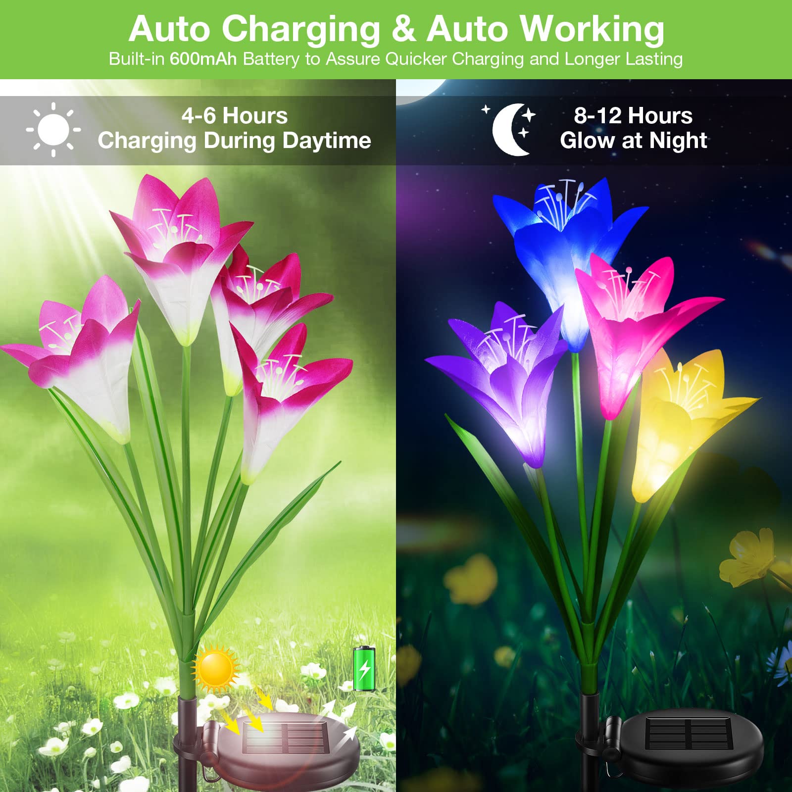 Kubace Solar Outdoor Lights Garden Decor, 6 Pack Upgraded Solar Led Flower Lights With 24 Bigger Lily Flower Lamp, 7 Color Changing Waterproof Solar Lights Outdoor For Garden Yard Decor, Gift