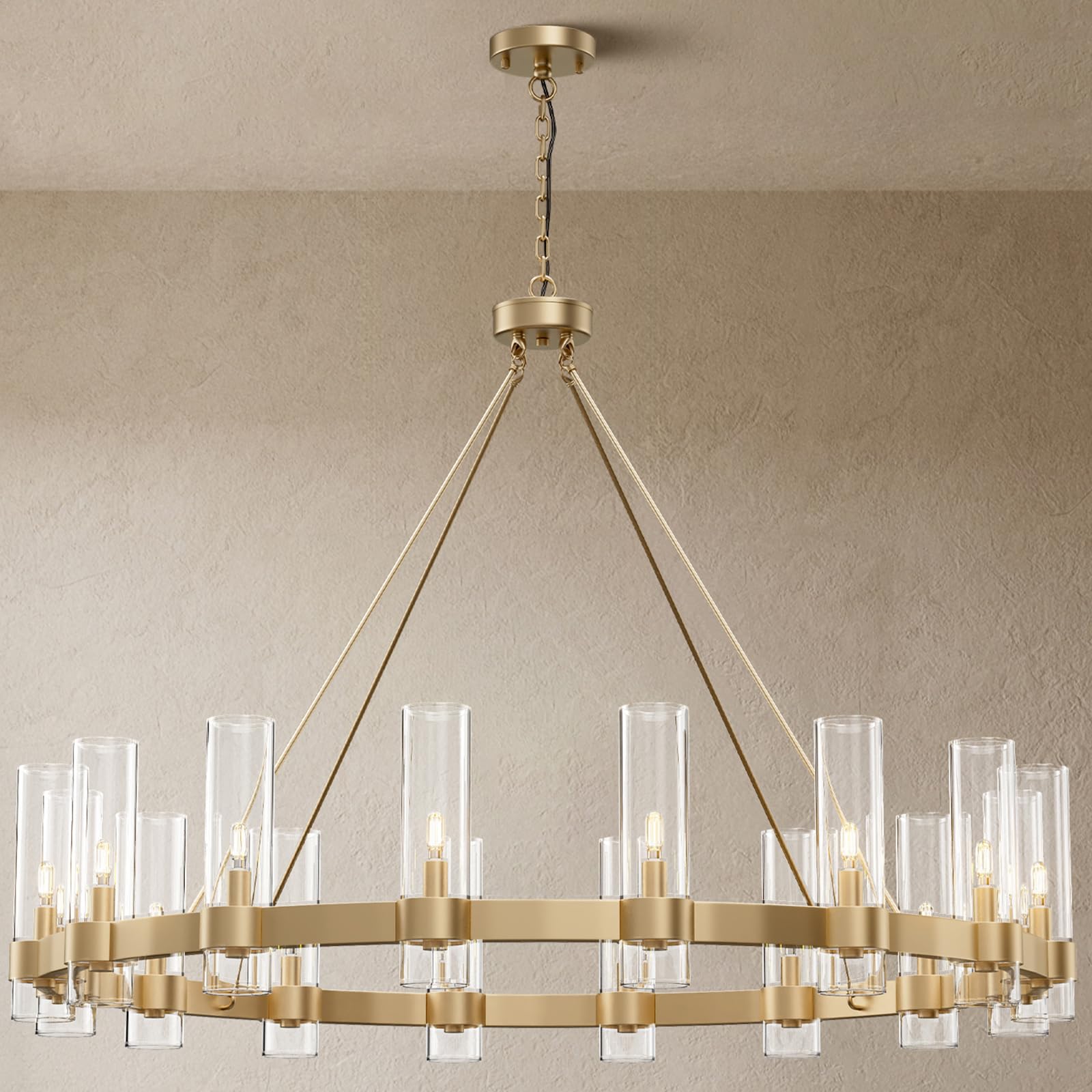 YIOSI 16-Lights Gold Chandelier,Wagon Wheel Chandelier with Glass Shade,48 Inch Large Round Industrial High Ceilings Pendant Lig