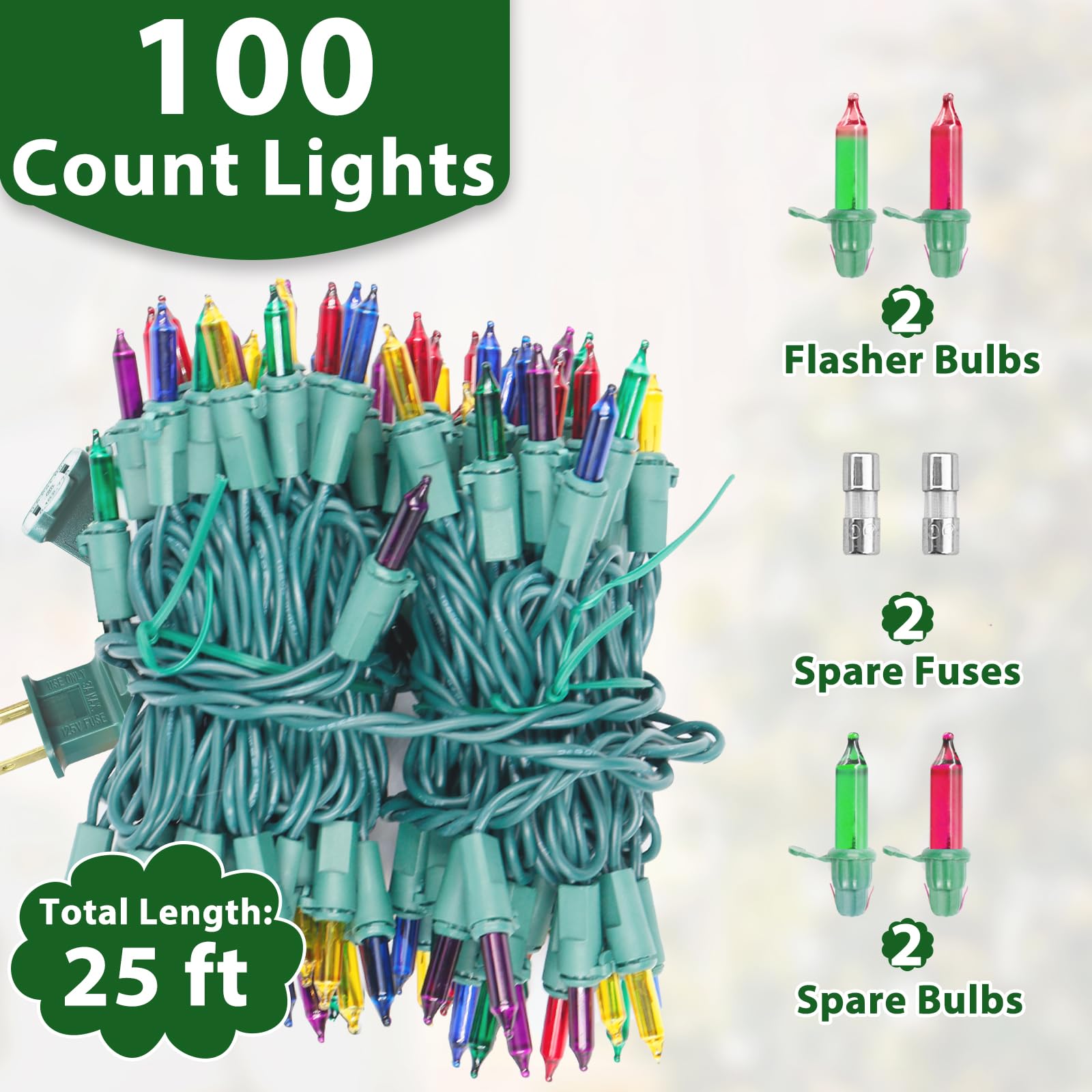 Cxlho Multicolor Christmas Lights String 25Ft 100 Count Incandescent Bulbs Mini Lights With Green Wire For Christmas Tree, Garla