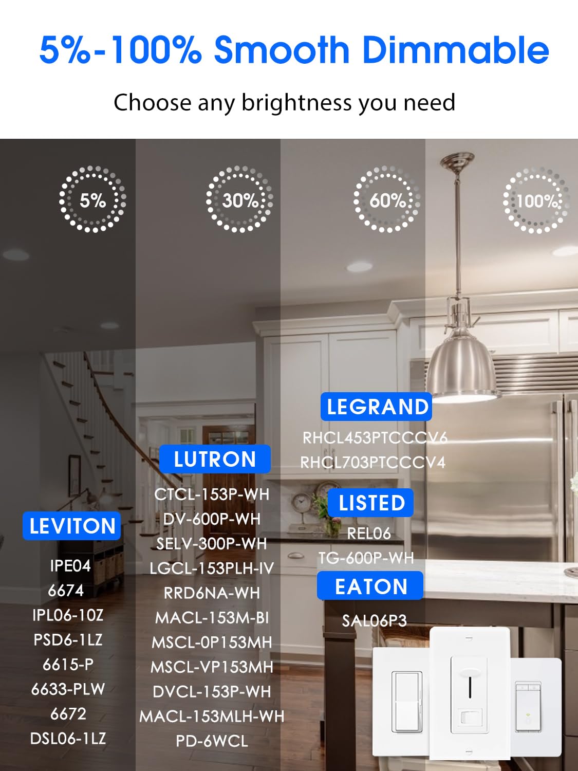 2 Pack 5/6 Inch 5Cct Led Recessed Light Retrofit, 2700K/3000K/4000K/5000K/6500K Selectable Downlight, Dimmable Can Lights With Metal Baffle Trim, Cri 90, 10.5W=85W, E26 Base, Ic & Wet Rated, Etl&Fcc