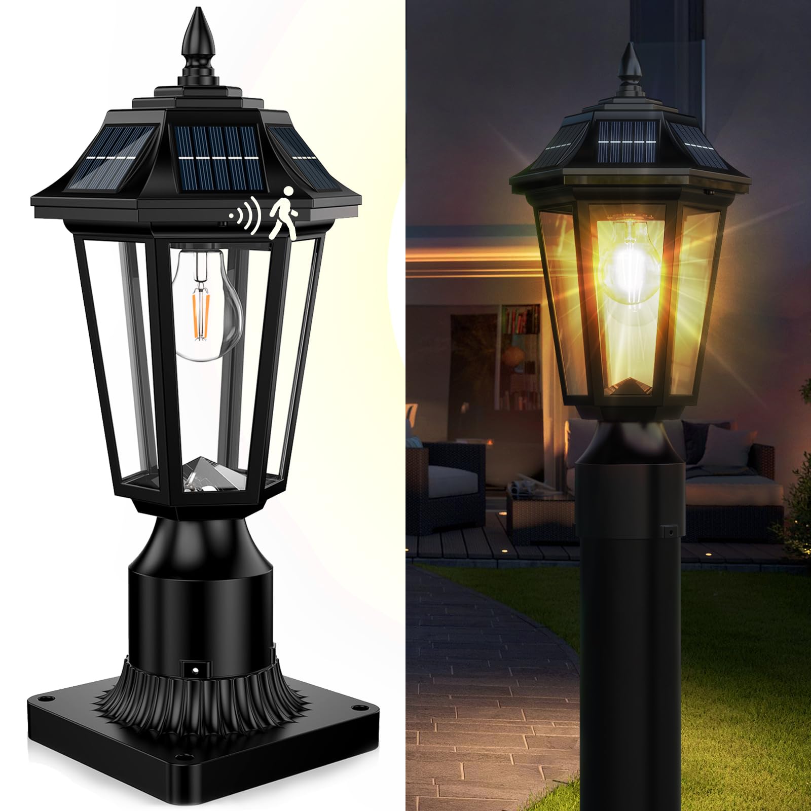 hameso Solar Lamp Post Lights Outdoor with Motion Sensor, Waterproof Solar Pole Lights for Fence/Garden/Driveway, 3-Mode Dusk to