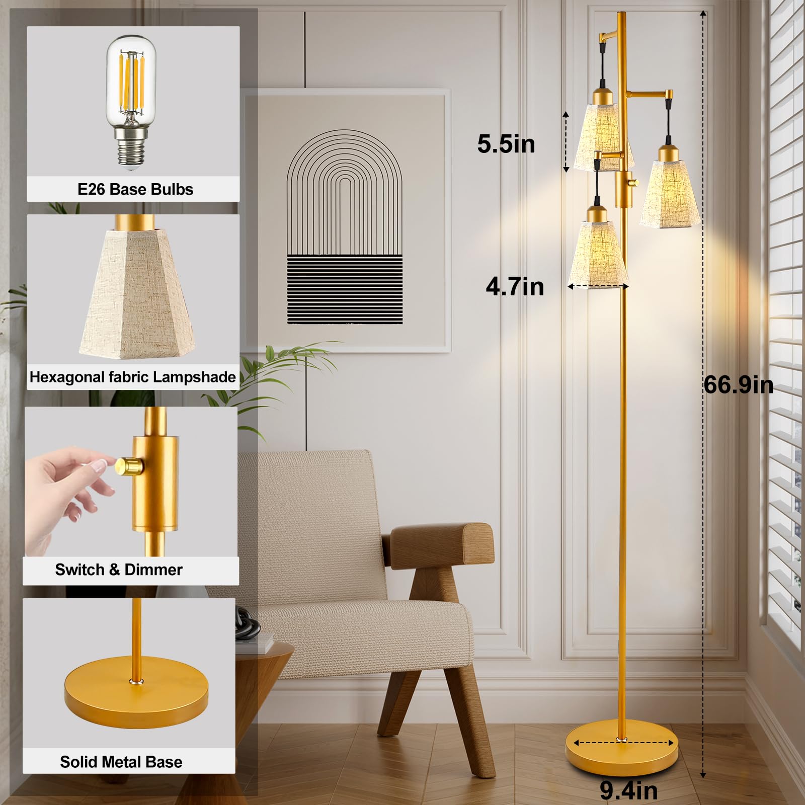 Lightdot 66In Led Floor Lamp With Patterned Lampshade, Vintage Standing Lamps With E26 Bulb Included & Fabric Shade, Modern Tall