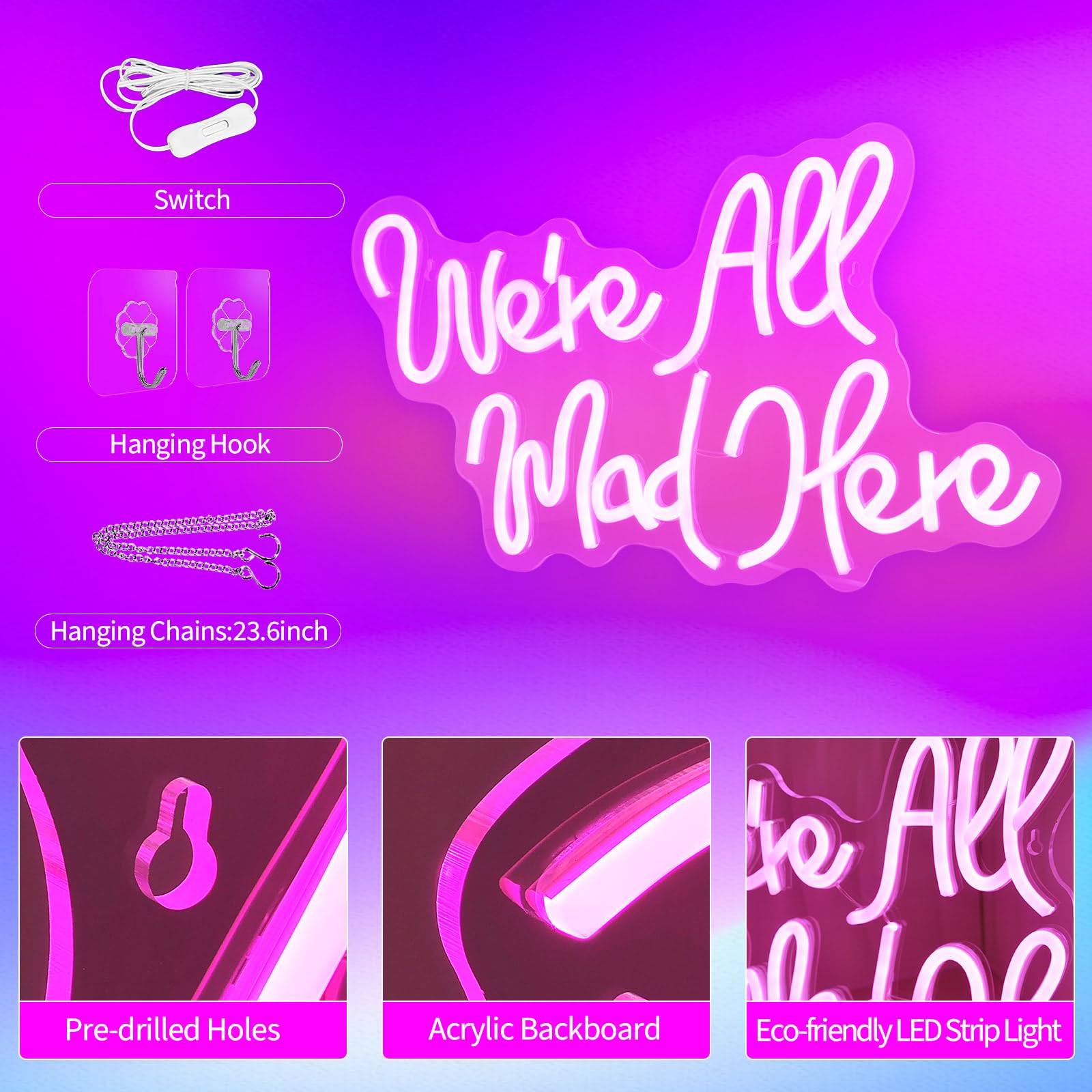 JEDAEMEN Neon LED Light Sign for Wall Decor, Pink Acrylic, 16.5 x 9.8 inches, Mad Here Design