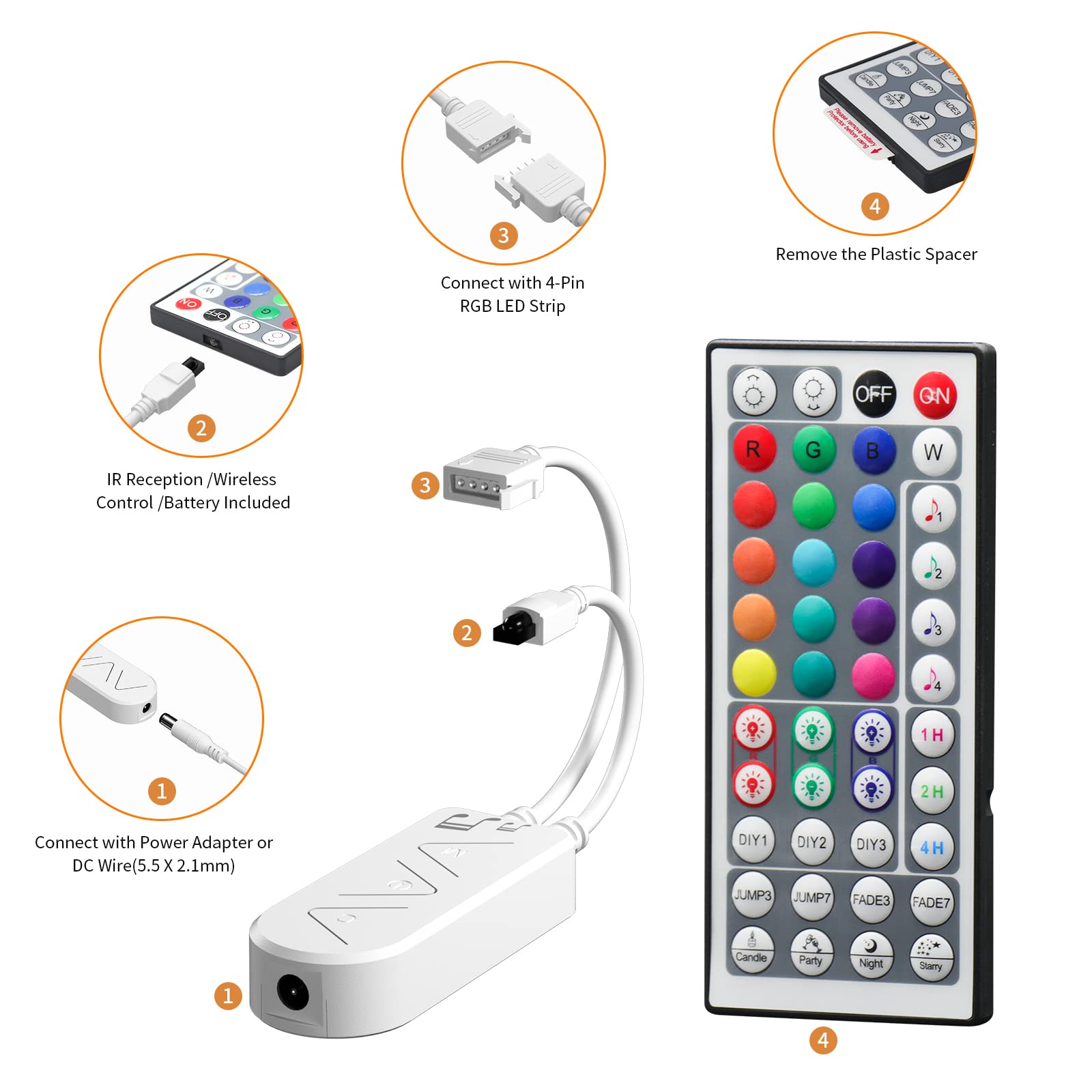 PAUTIX RGB LED Strip Light Controller, 44-Key Remote & APP, Music Sync, 12V/24V, Metal, One Port, DIY & Timer Function