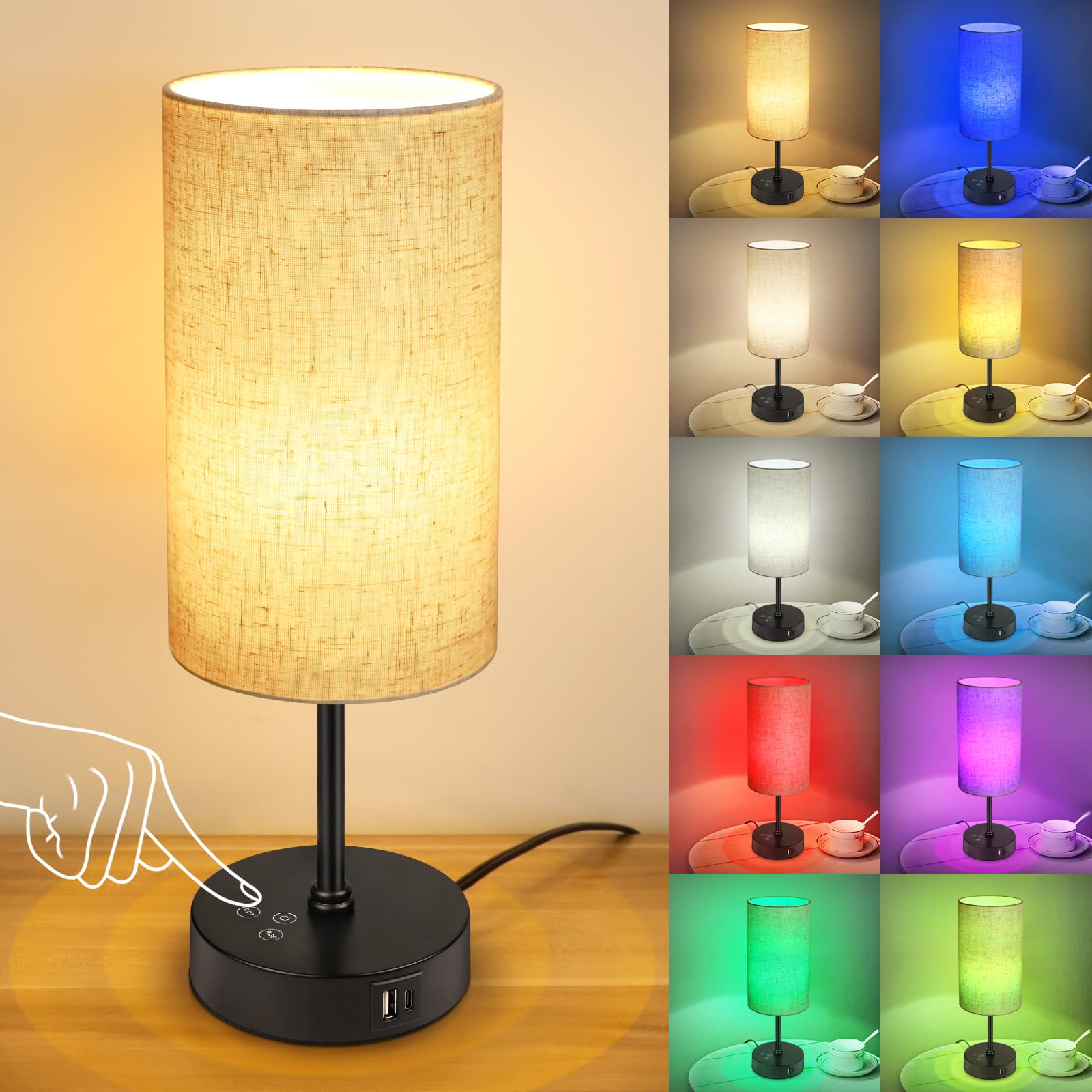 Unicozin Table Lamp, 3 CCT 3000K/4500K/6500K & RGB Color Changing, Stepless Dimmable Small Bedside Lamp for Reading, Ambience Ni