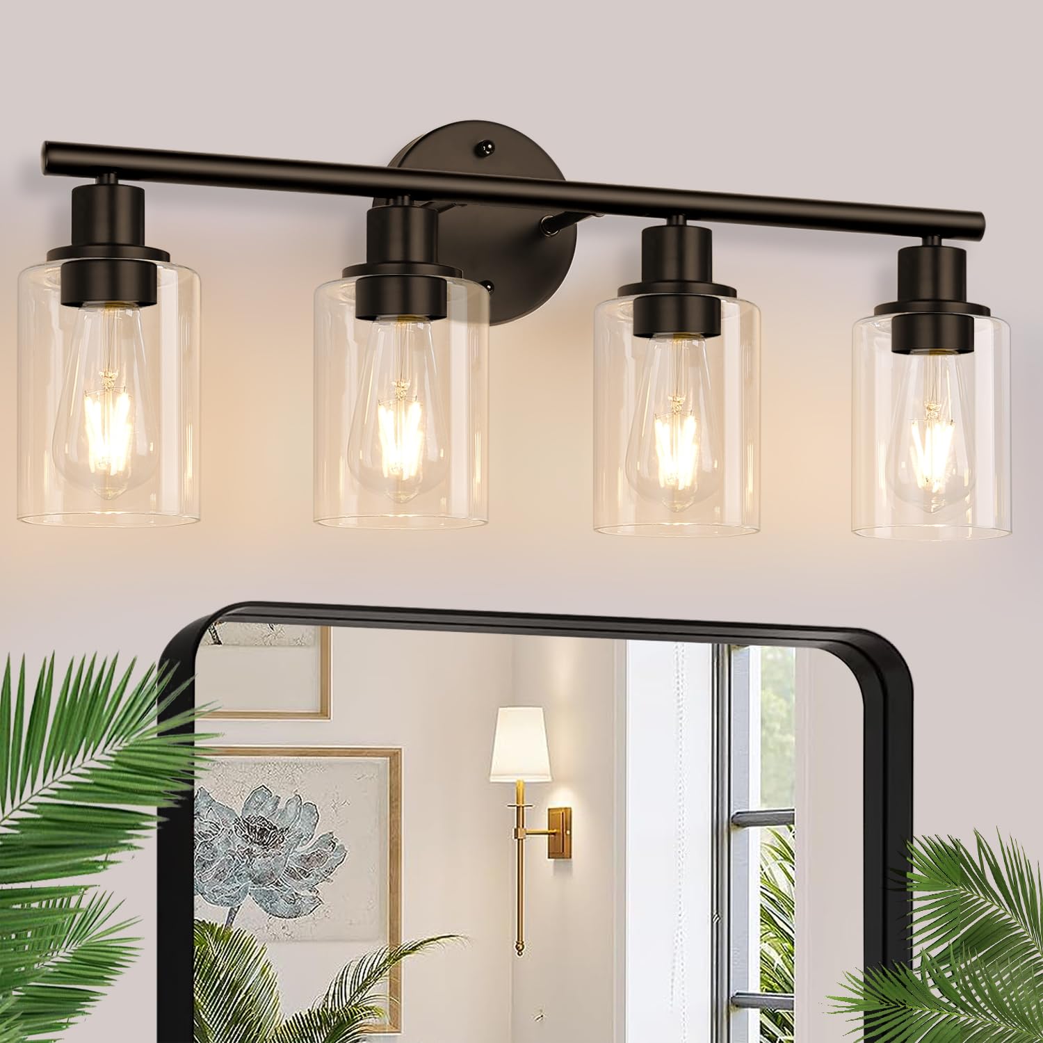 Zarbitta 4-Light Bathroom Light Fixtures, Brown Modern Vanity Lights Over Mirror with Clear Glass Shade, Bathroom Wall Lamp for 