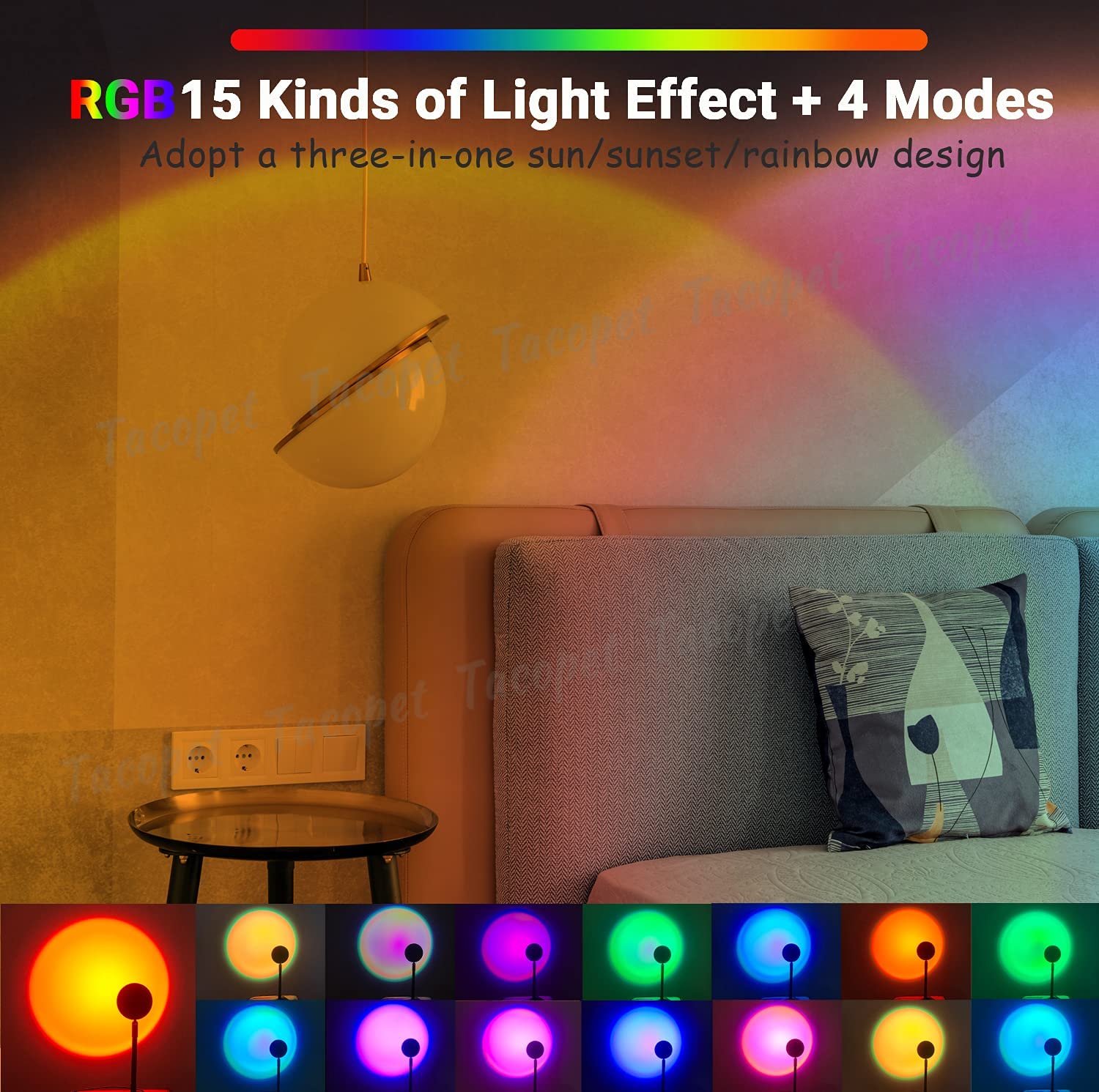 Tacopet Sunset Lamp Projector – Multicolored Led Night Light With Remote For Home & Bedroom