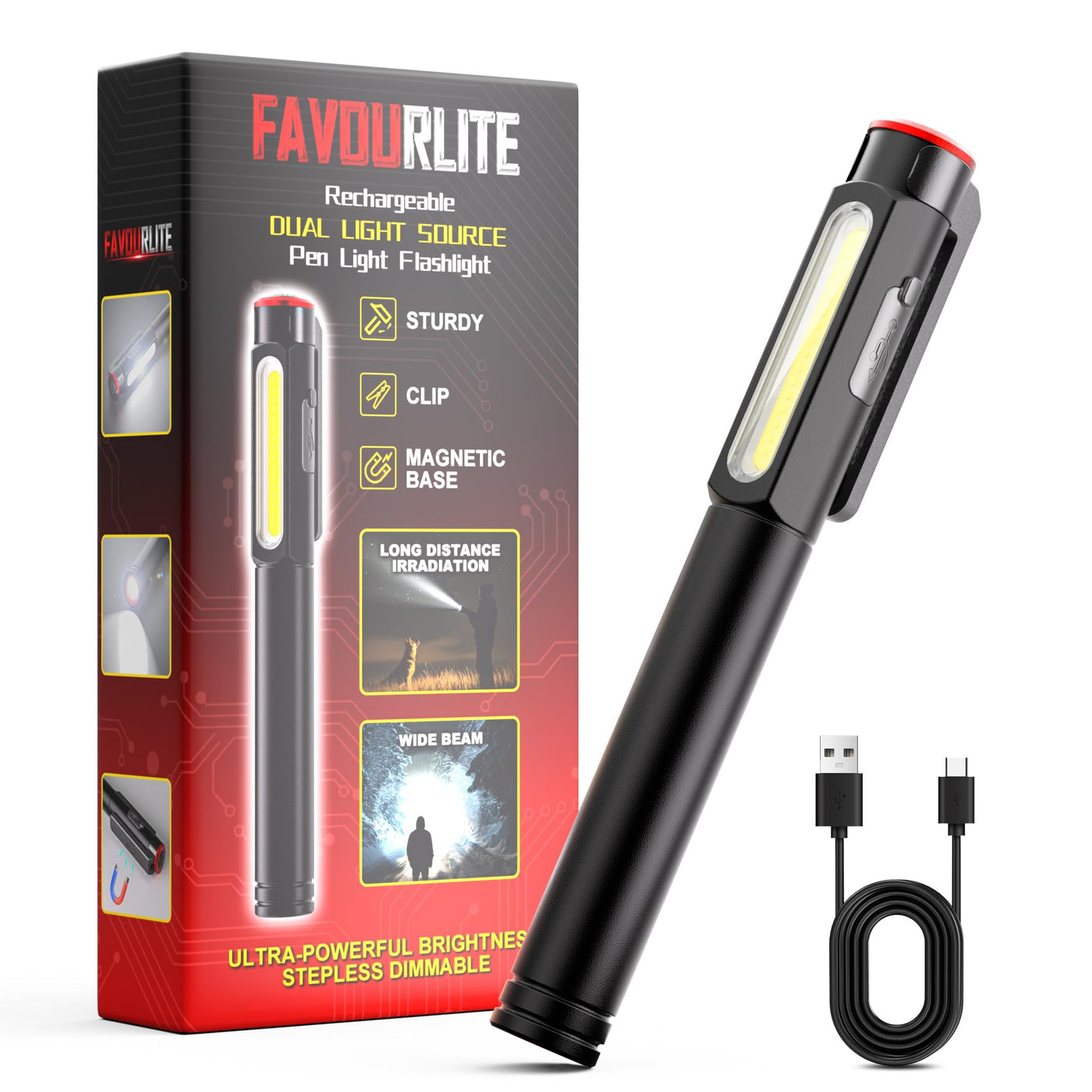 brightest rechargeable pen flashlight Favourlite Pen Light Flashlight, 800 Lumens, Rechargeable, 5.39in, Black, Aluminum, Model ALS-Pen, Waterproof, Magnetic Clip