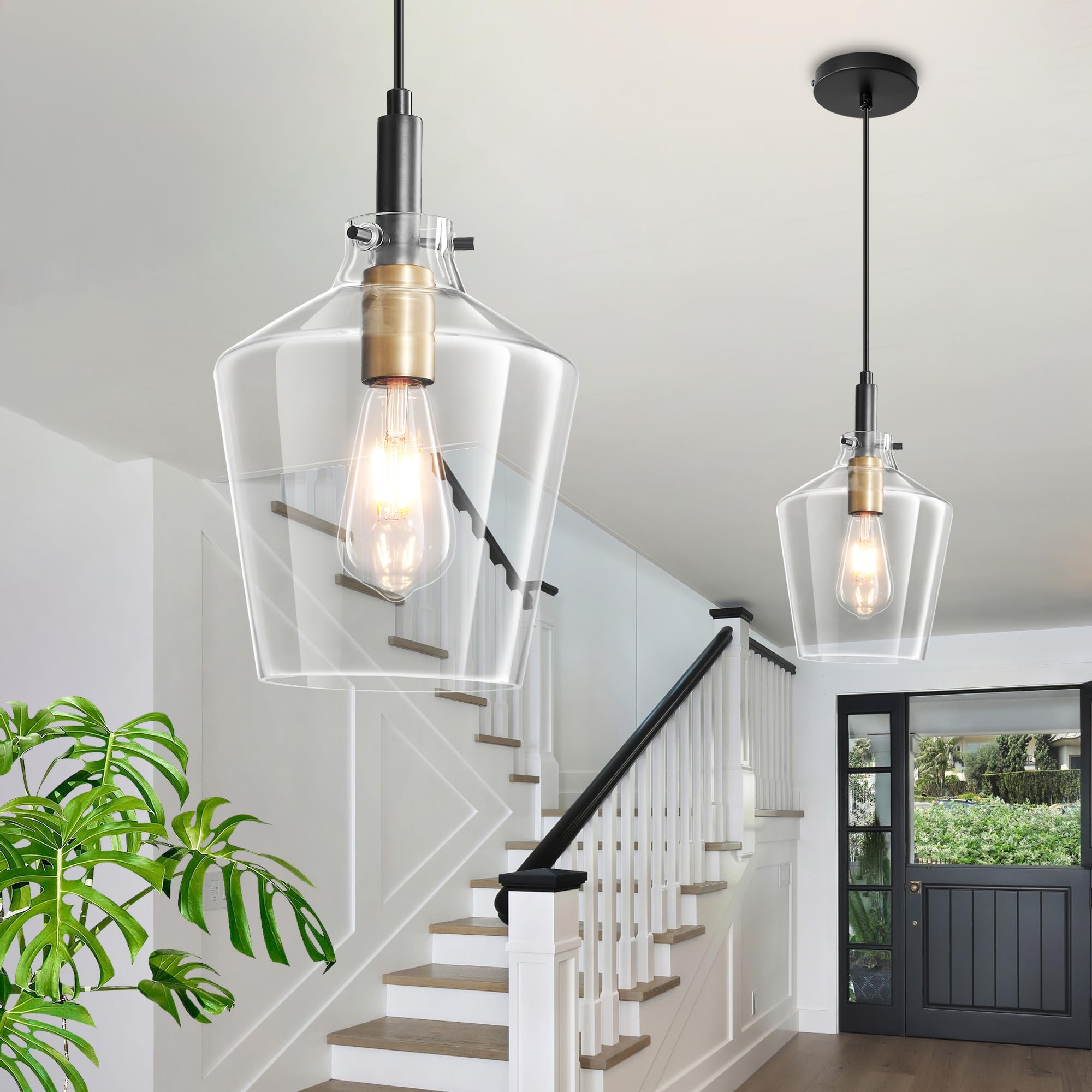 Vaziden Modern Glass Pendant Lighting, 2 Pack Adjustable Ceiling Lights, Black Gold with Clear Glass Shades, 8 Inch, Model 1508