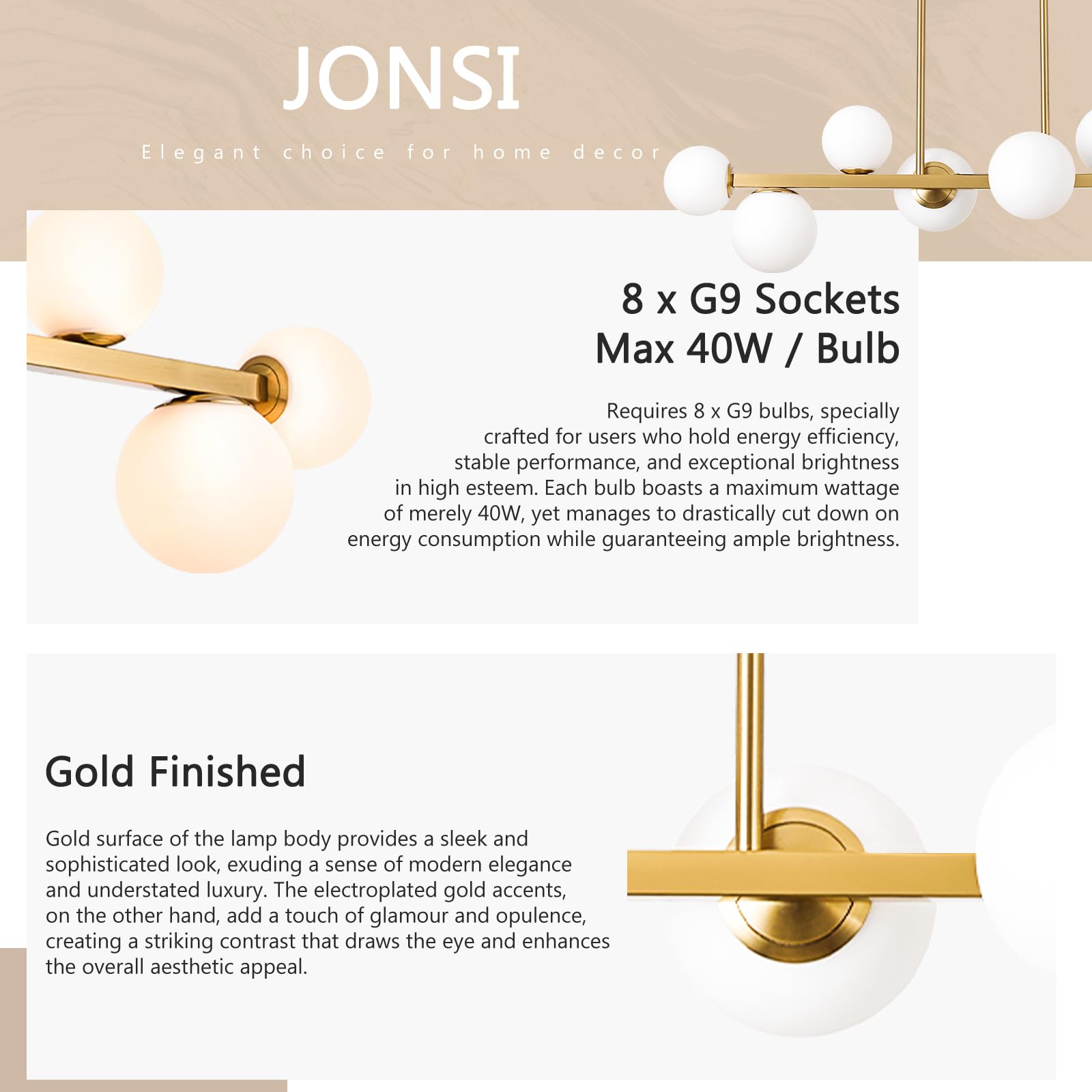 Jonsi Mid Century 8-Light Globe Glass Chandelier, Adjustable Ceiling Fixture, Gold