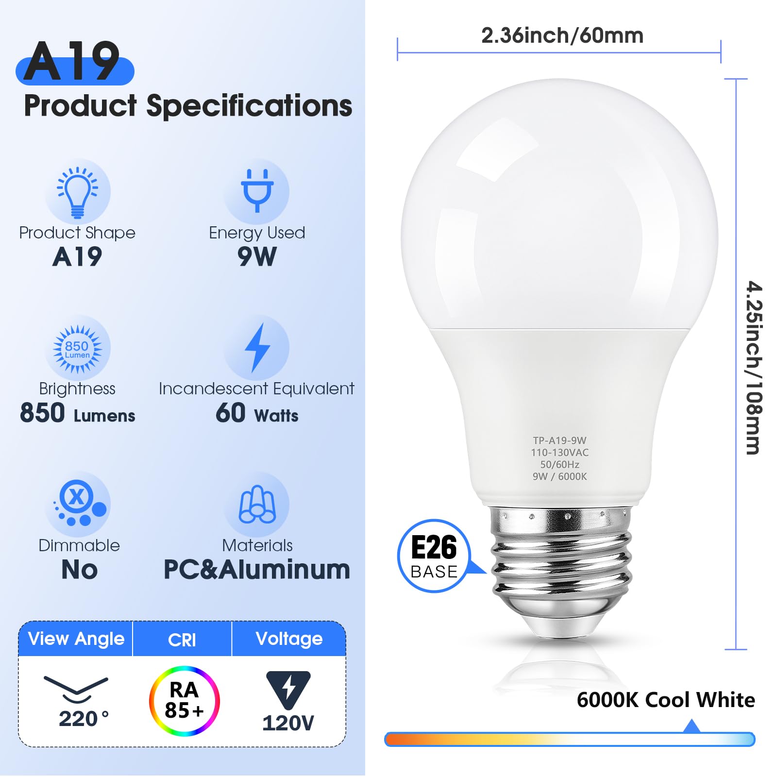Maylaywood A19 Led Light Bulb, 60 Watt Equivalent Led Bulbs, Cool White 6000K, 850Lm, E26 Base, Non-Dimmable, 9W Bright White, 2