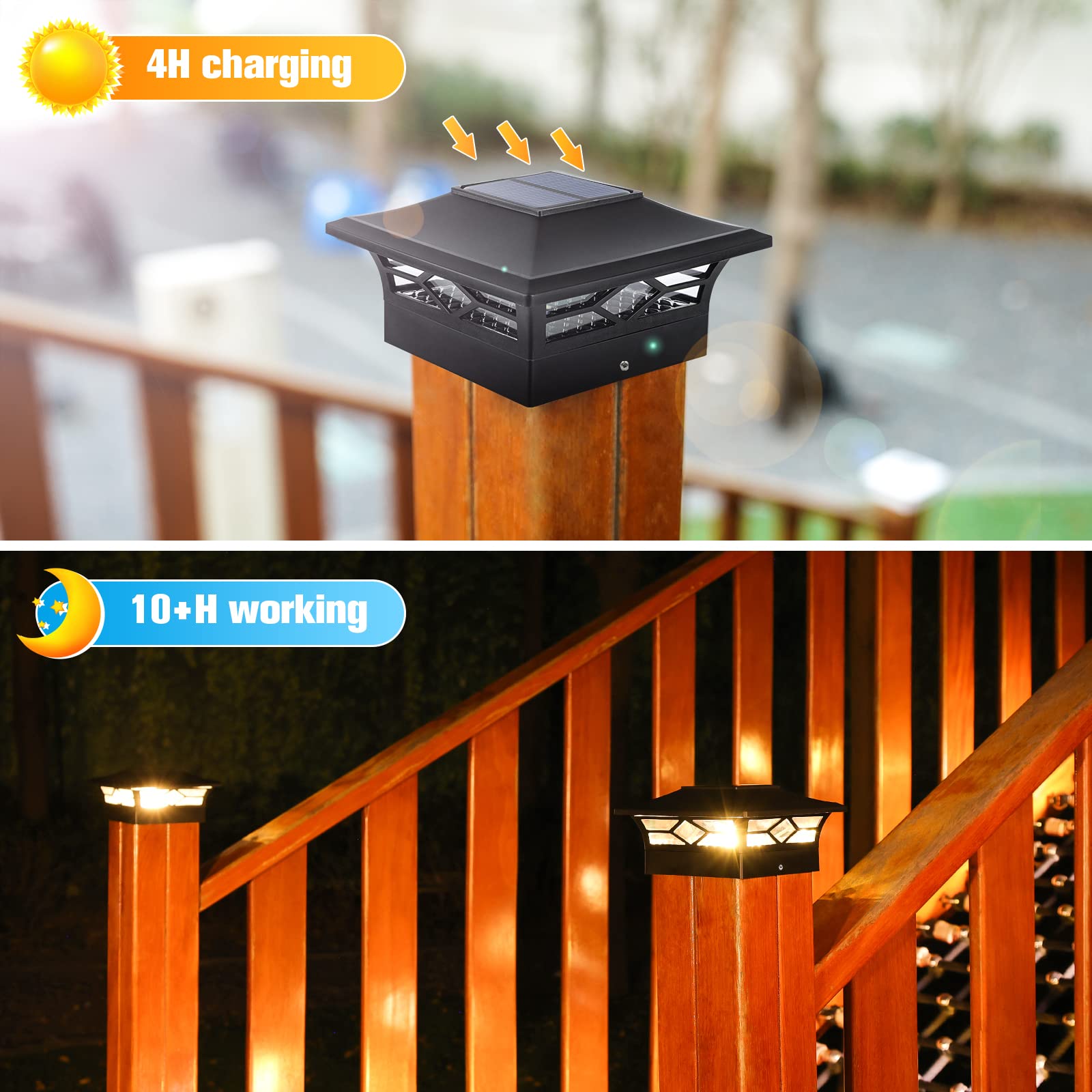 VOLISUN Solar Post Cap Lights: 12 - Pack Outdoor Deck Post Cap Lights Black for Dock Fence Waterproof 2 Color Modes,4x4/6x6 Wood
