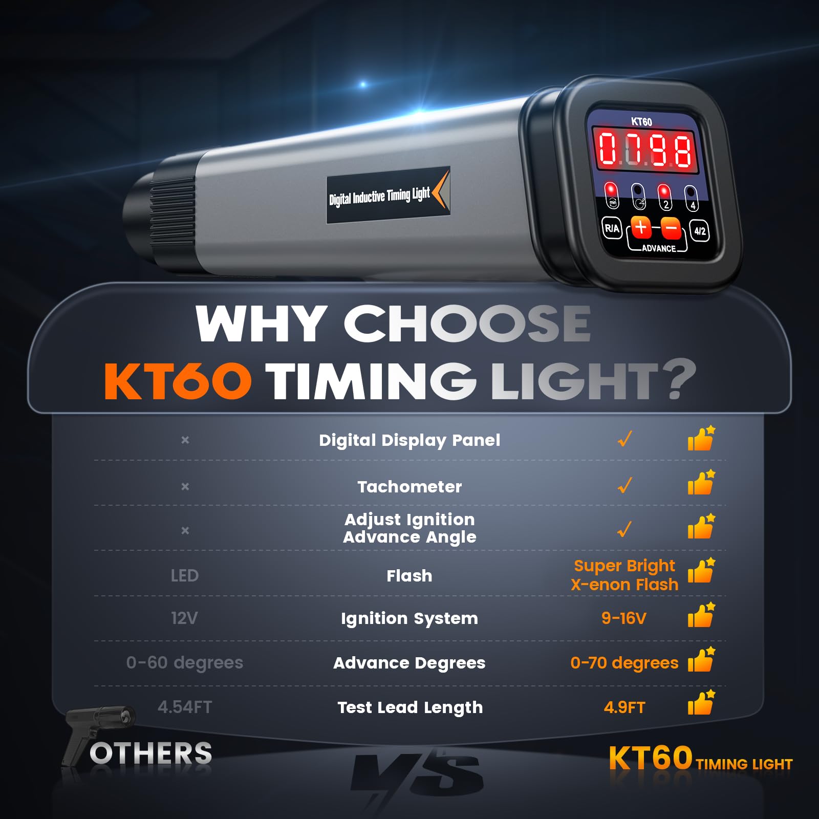 Kzyee Kt60 Engine Timing Light With Tachometer, Timing Light Automotive 12V For 2&4 Stroke Petrol Engine For Old Classical Cars, Motorcycles, Marine, Agricultural Machinery