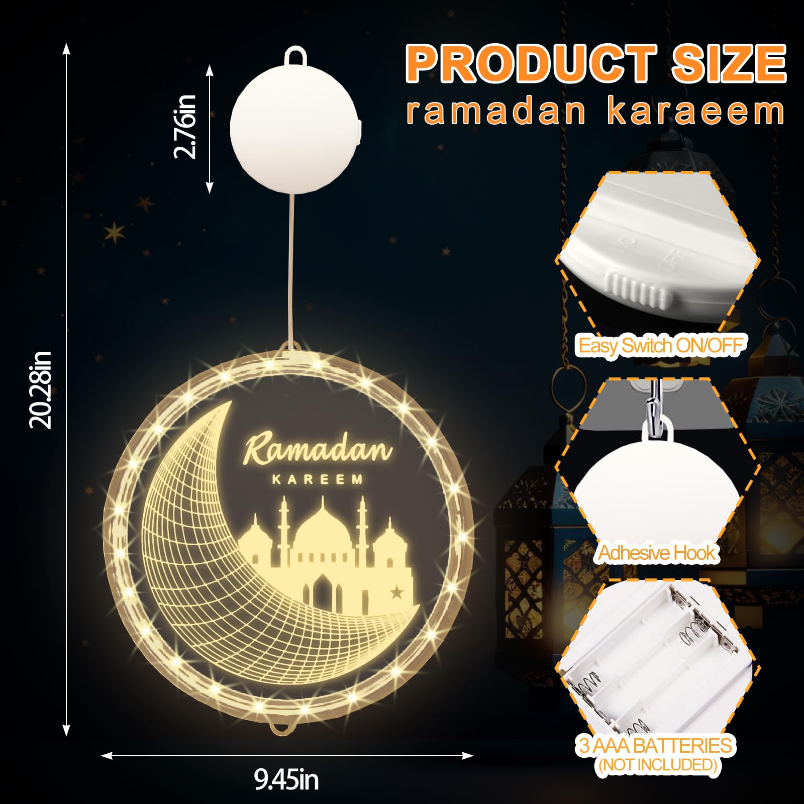 Threetols 3D LED Lights for Eid Ramadan, Moon Castle Design, Copper & Acrylic, Indoor/Outdoor Decorations