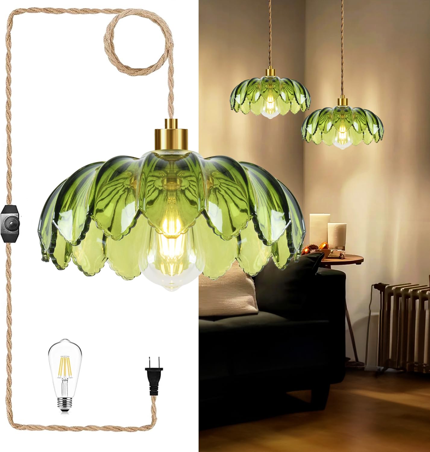 QIYIZM Pendant Light Dimmable Glass Chandelier 12in Gold Green Vintage Boho for Living Room, Kitchen