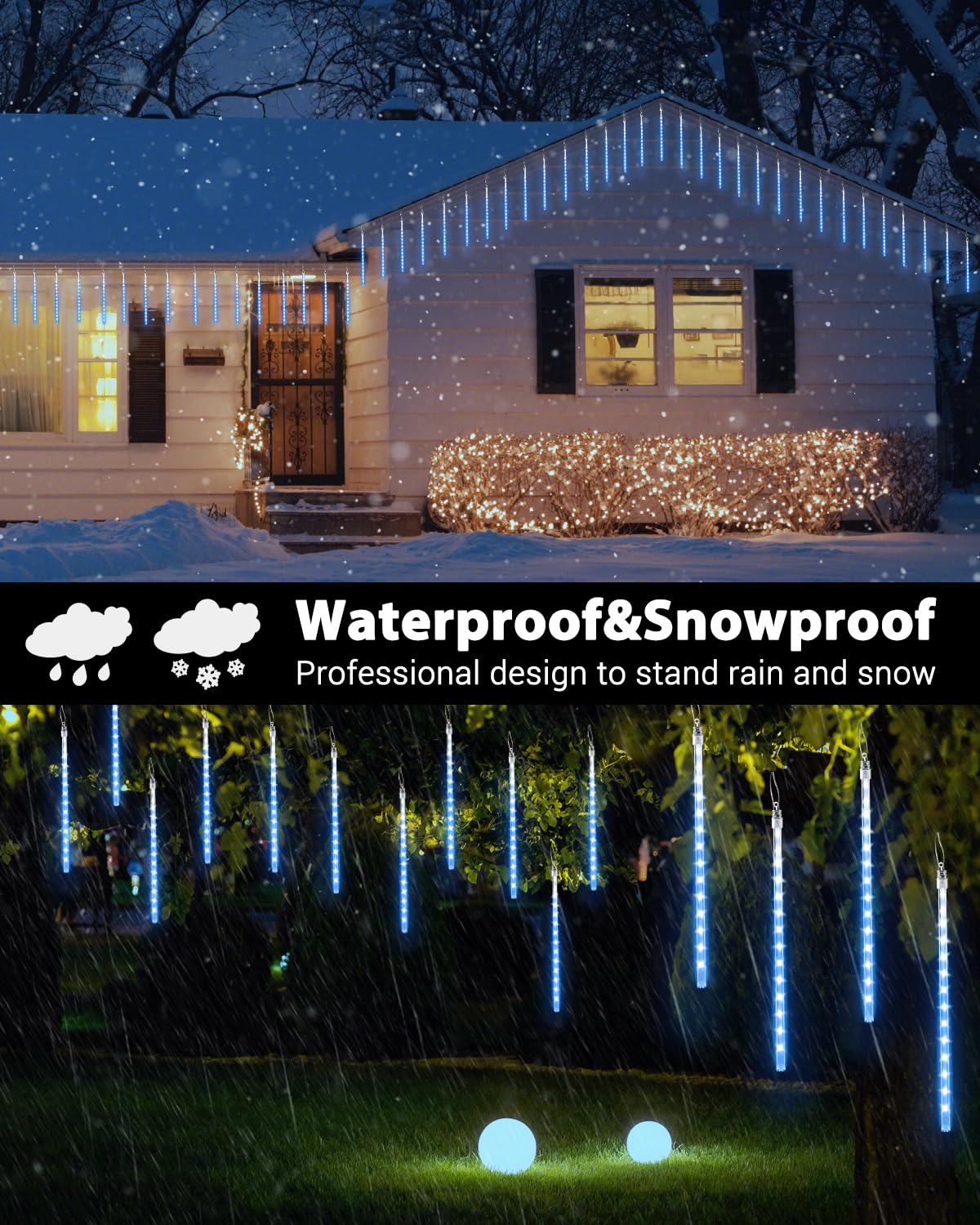 Blue 20 Tubes Meteor Shower Icicle Lights 480 Led Raindrop Lights With Timer Function Cascading Falling Rain Light For Holiday P