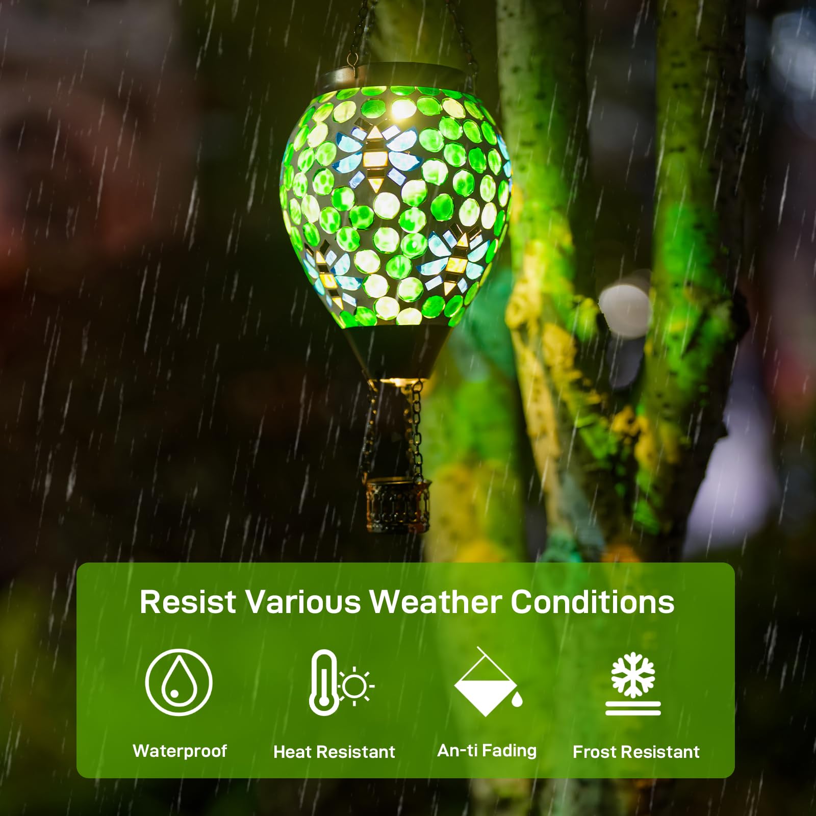 DREAMSKIP Solar Hot Air Balloon Lantern - Green Mosaic Glass, Waterproof Hanging Light for Patio & Garden, Model 49120507