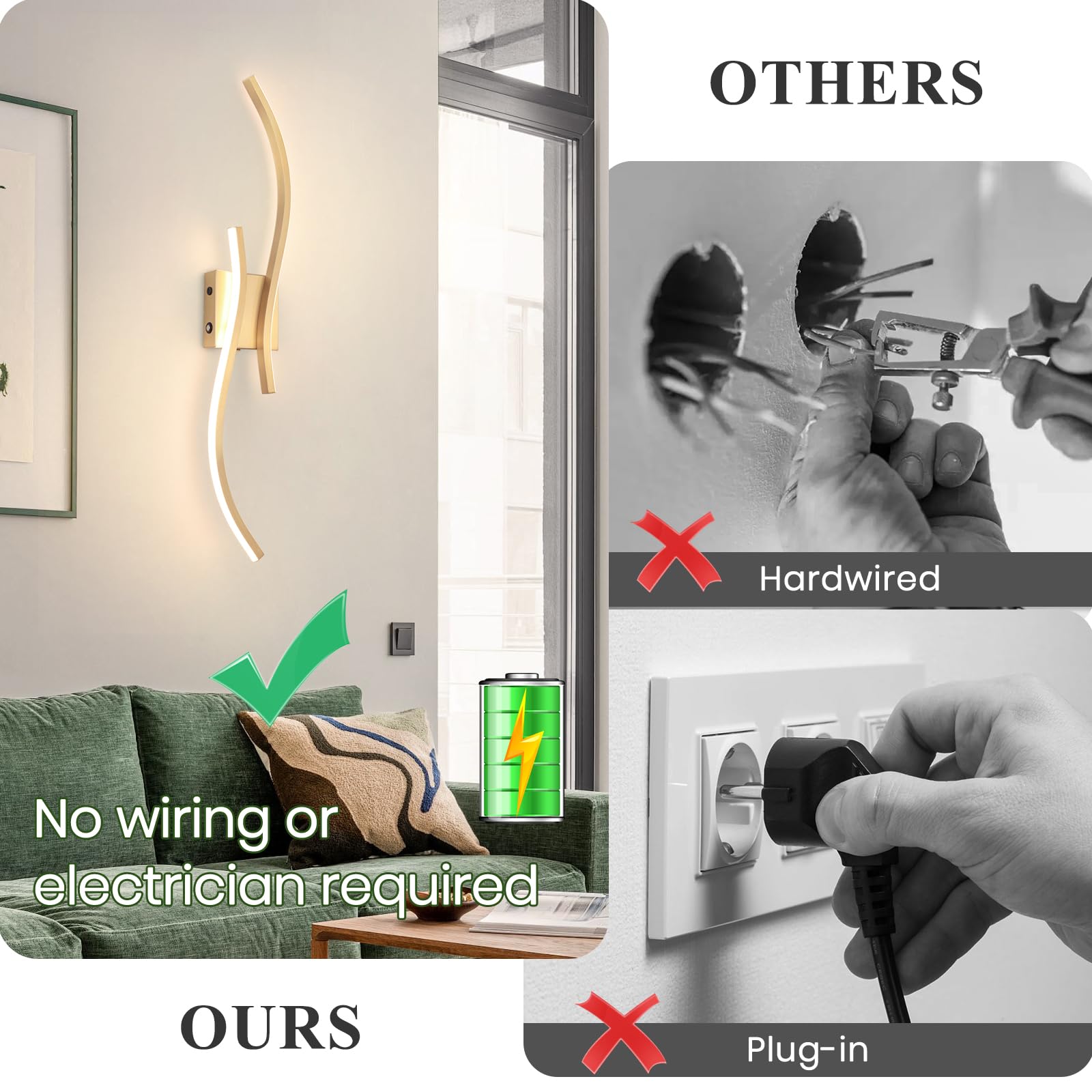 CANEOE Battery Operated Wall Sconces, 10000mAh USB Rechargeable, 3000K-6000K LED, Gold, 31.5inch, Model WL-