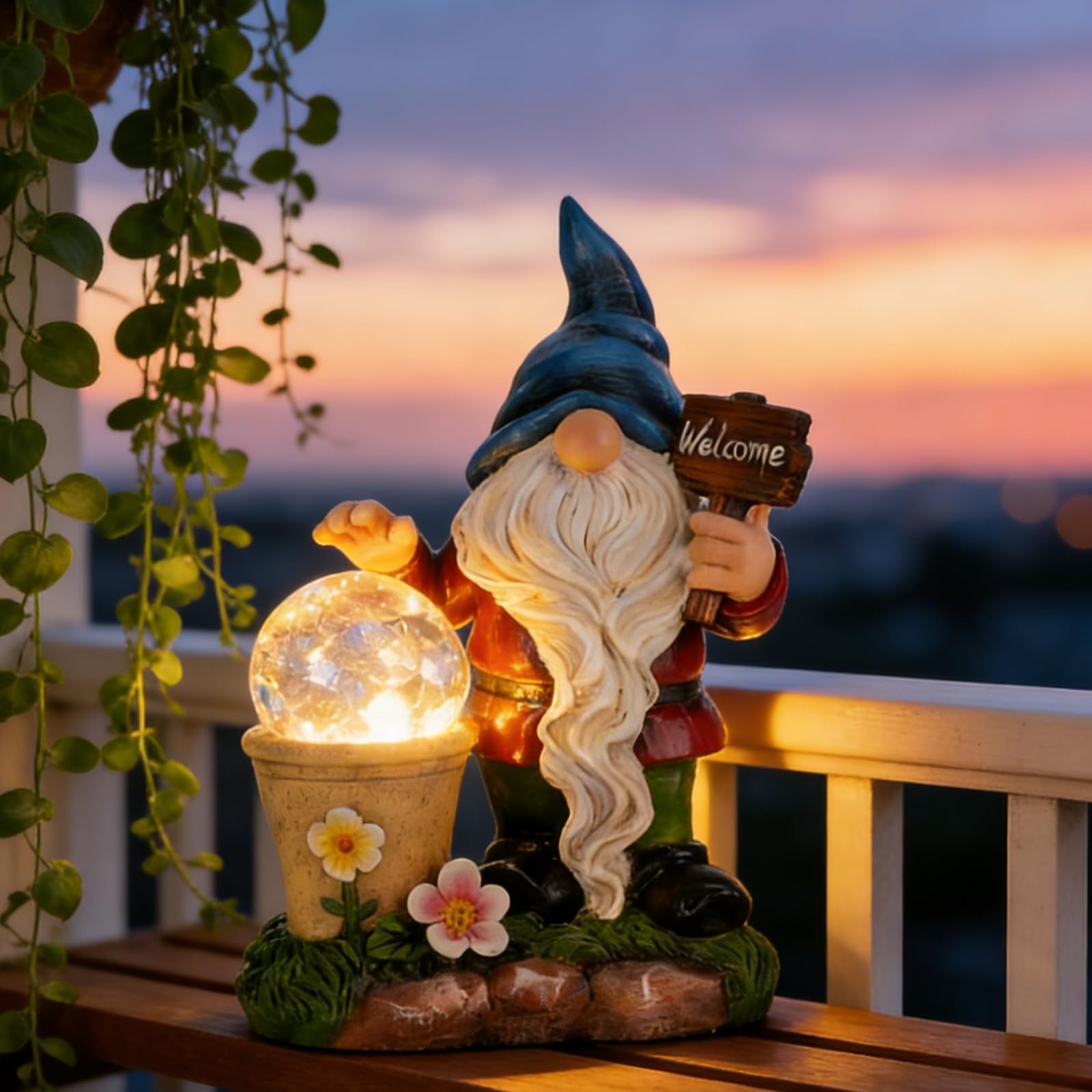 DiliComing Solar Garden Gnomes Outdoor Statues - Cute Gnome Statue with Welcome for Yard Patio Porch Lawn, Resin Gnome Figurine 